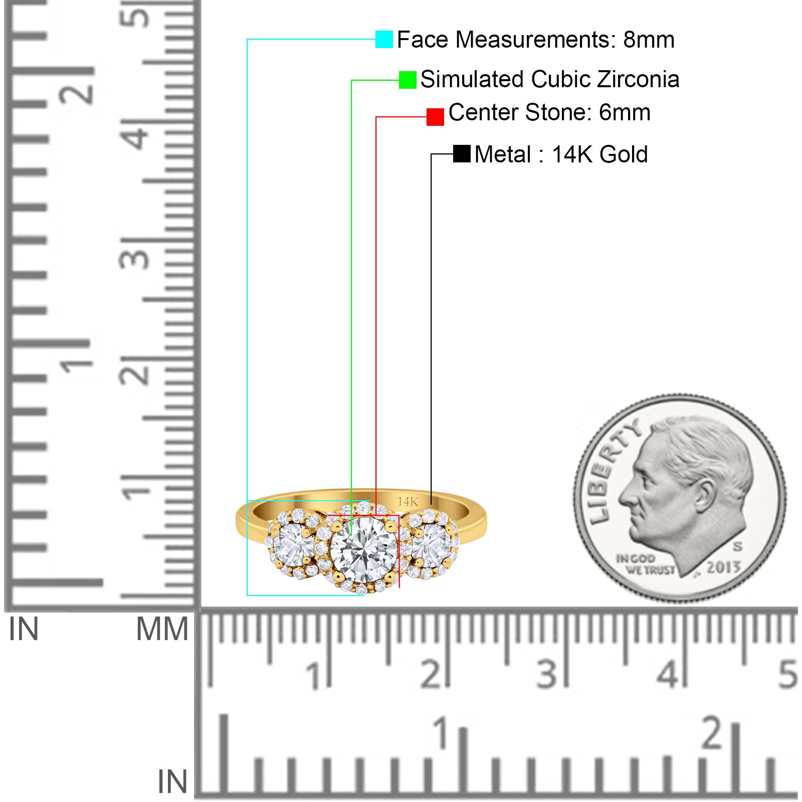14K Yellow Gold Round Three Stone Bridal Simulated CZ Wedding Engagement Ring Size-7