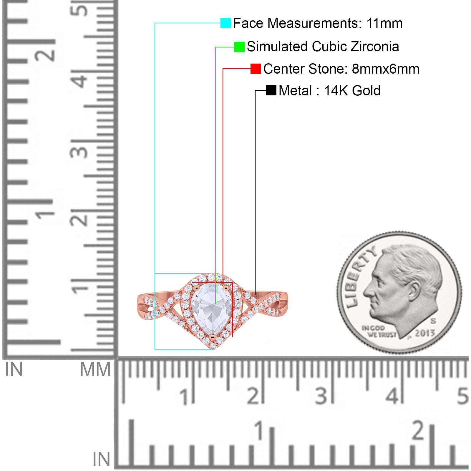 14K Rose Gold Teardrop Wedding Promise Ring Infinity Round Simulated CZ