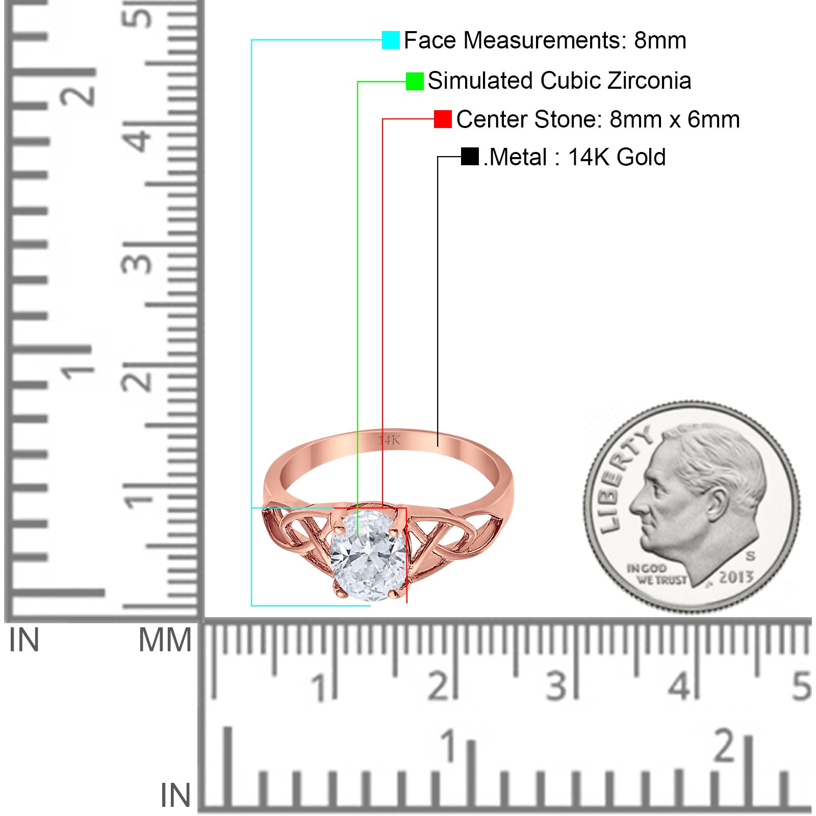 14K Rose Gold Accent Solitaire Oval Bridal Wedding Engagement Ring Simulated CZ Size-7
