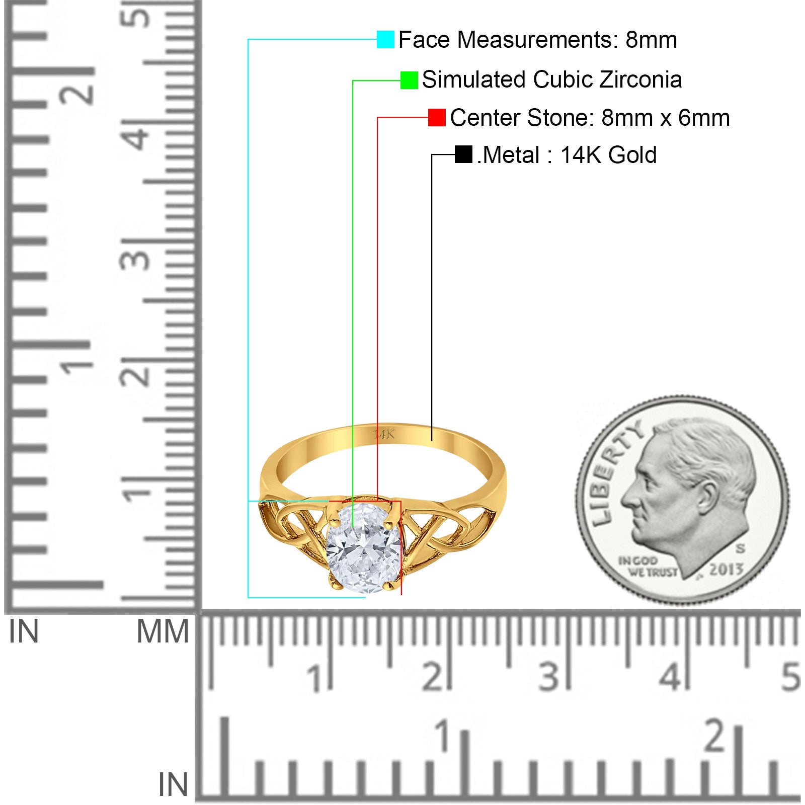 14K Yellow Gold Accent Solitaire Oval Bridal Wedding Engagement Ring Simulated CZ Size-7