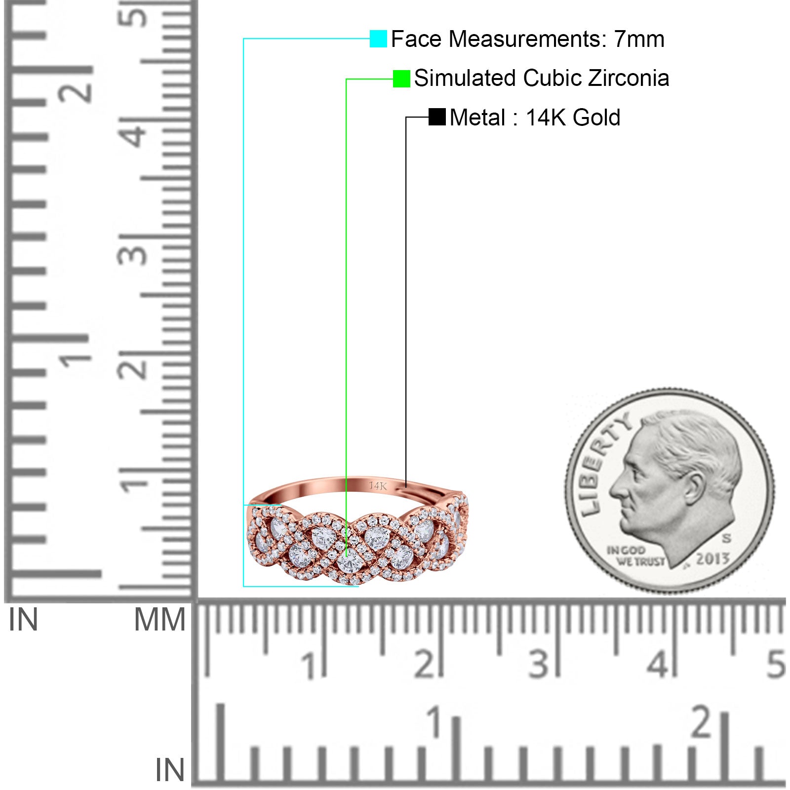 14K Rose Gold Weave Crisscross Infinity Ring Round Simulated Cubic Zirconia Size-7