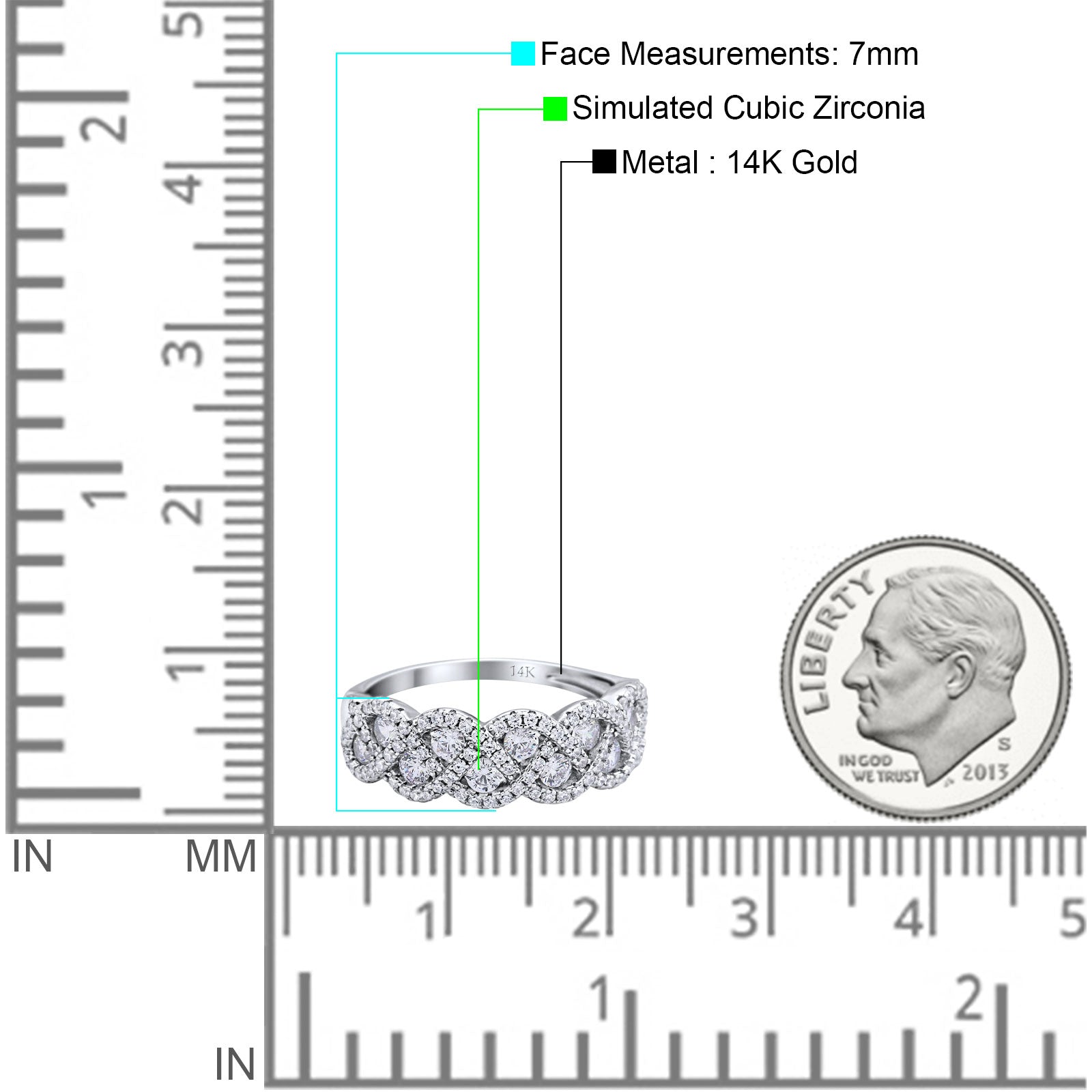 14K White Gold Weave Crisscross Infinity Ring Round Simulated Cubic Zirconia Size-7