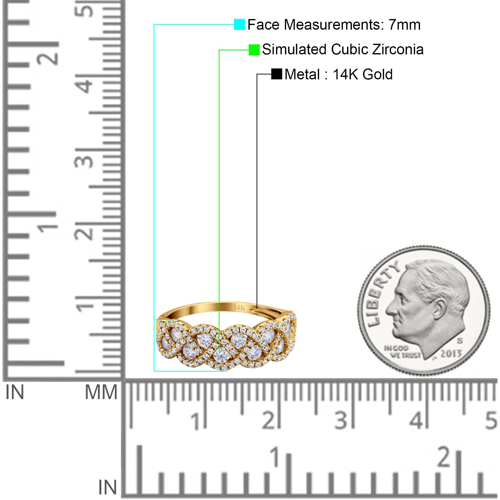 14K Yellow Gold Weave Crisscross Infinity Ring Round Simulated Cubic Zirconia Size-7