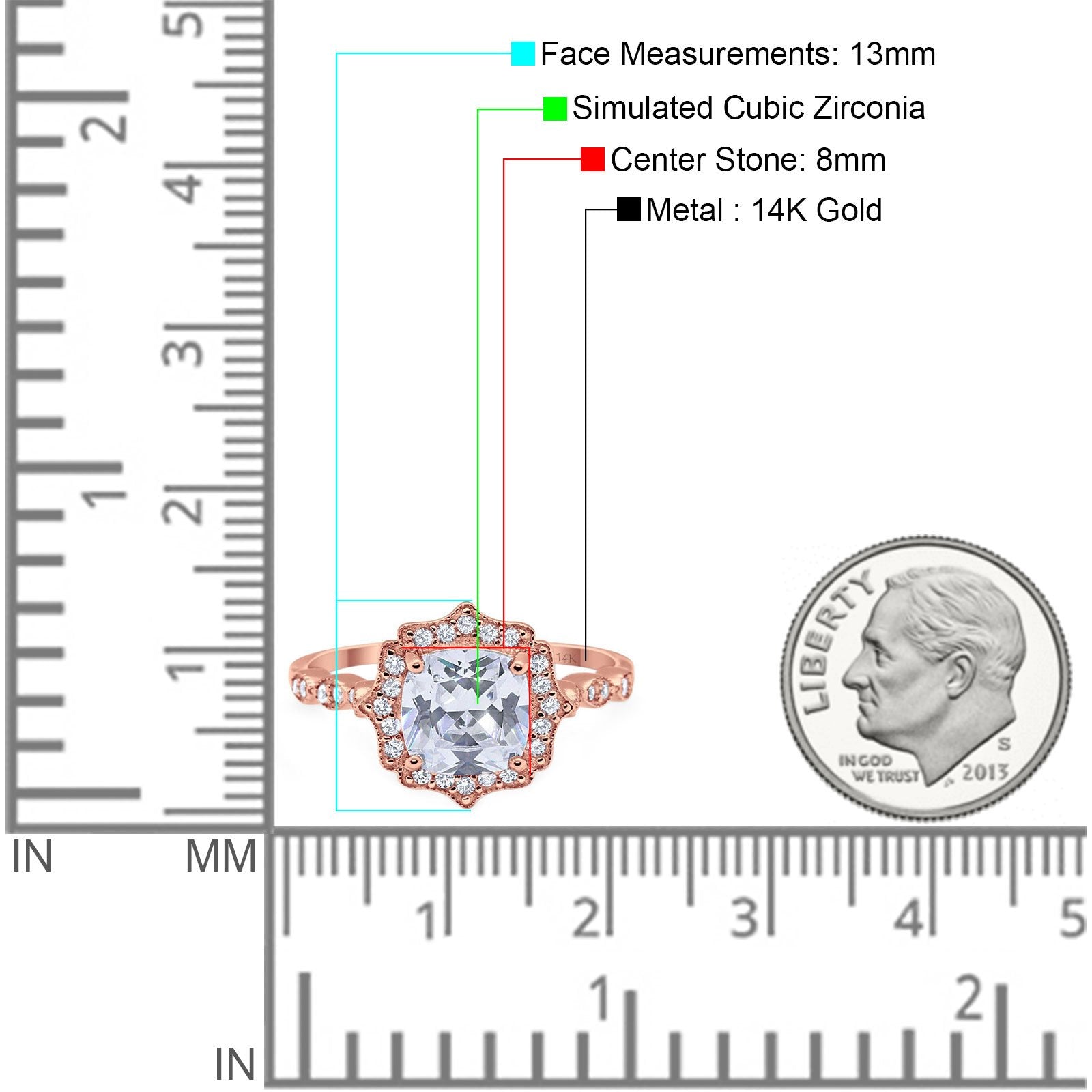 14K Rose Gold Art Deco Wedding Ring Cushion Cut Simulated Cubic Zirconia