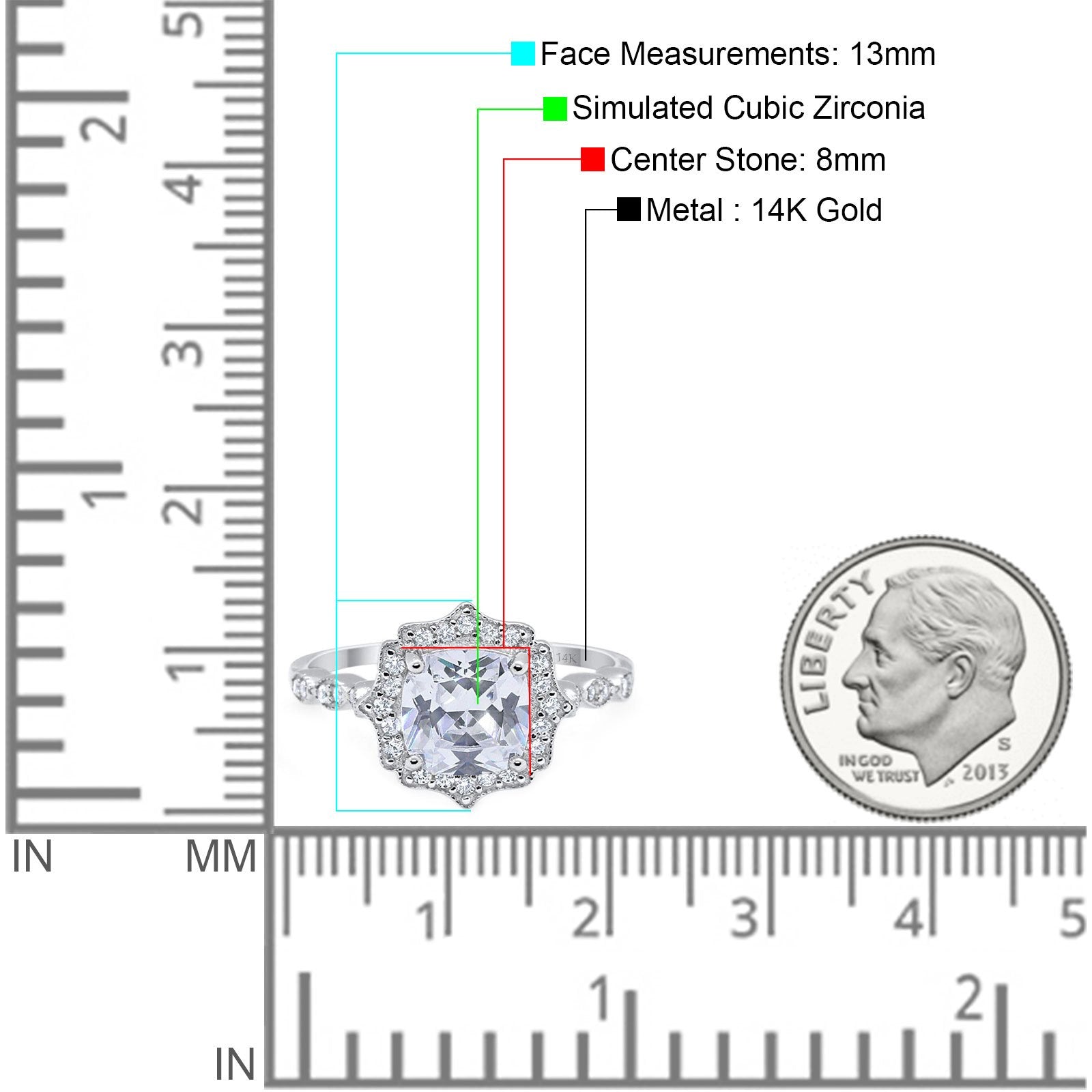14K White Gold Art Deco Wedding Ring Cushion Cut Simulated Cubic Zirconia