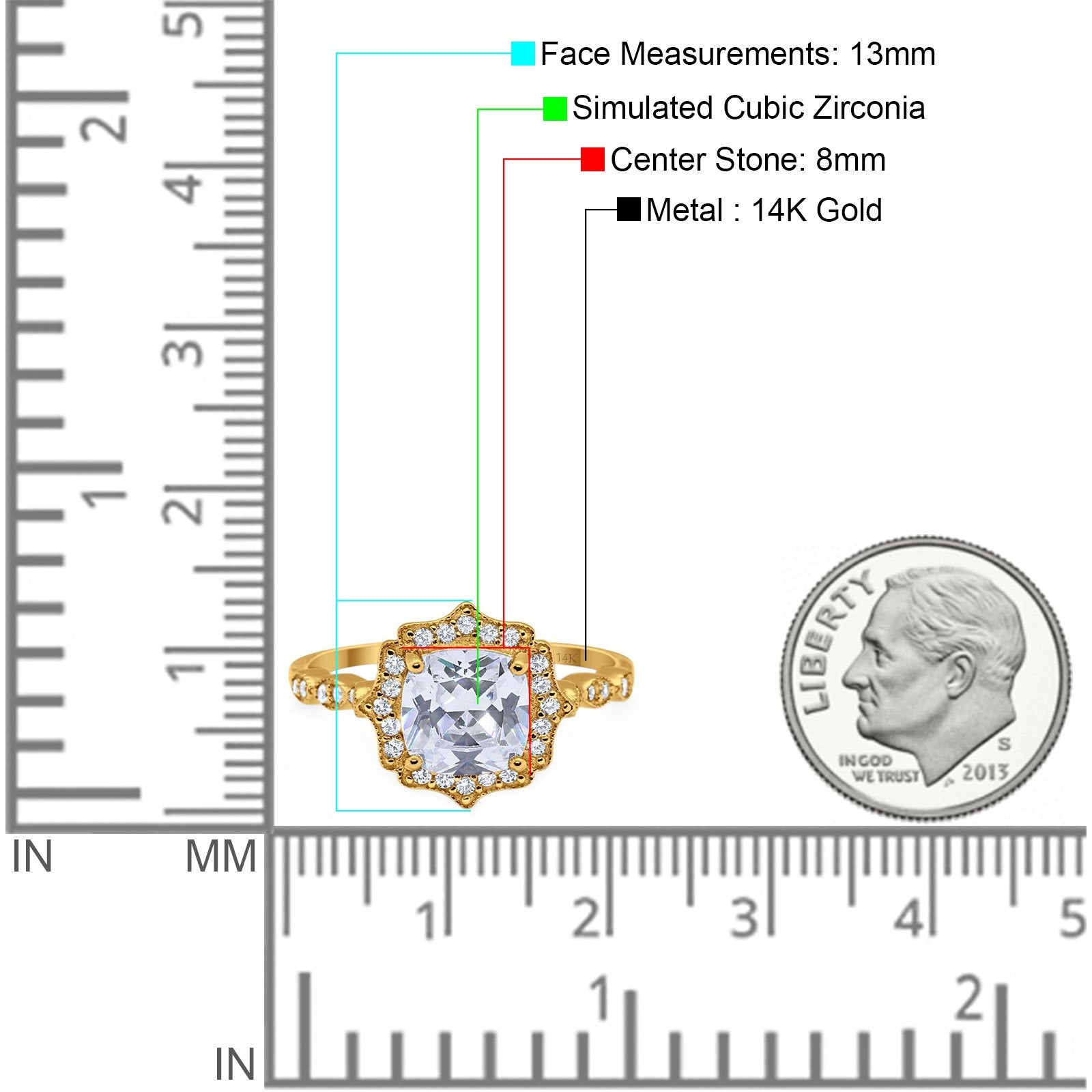 14K Yellow Gold Art Deco Wedding Ring Cushion Cut Simulated Cubic Zirconia