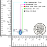 14K White Gold 0.87ct Art Deco Oval 7mmx5mm G SI Natural Blue Topaz Diamond Engagement Wedding Ring Size 6.5