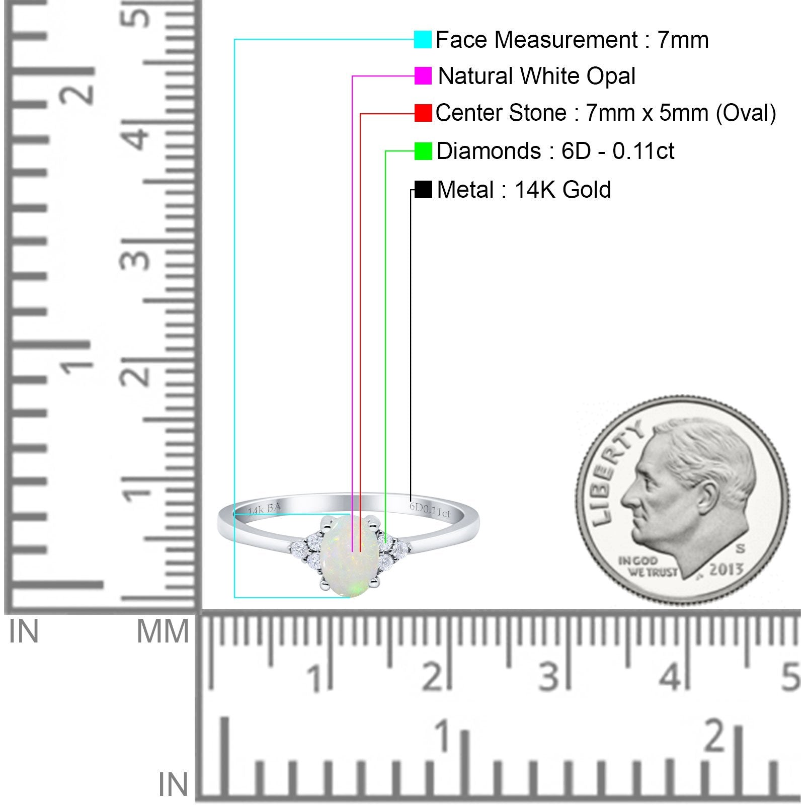 14K White Gold 0.11ct Art Deco Oval 7mmx5mm G SI Natural White Opal Diamond Engagement Wedding Ring Size 6.5