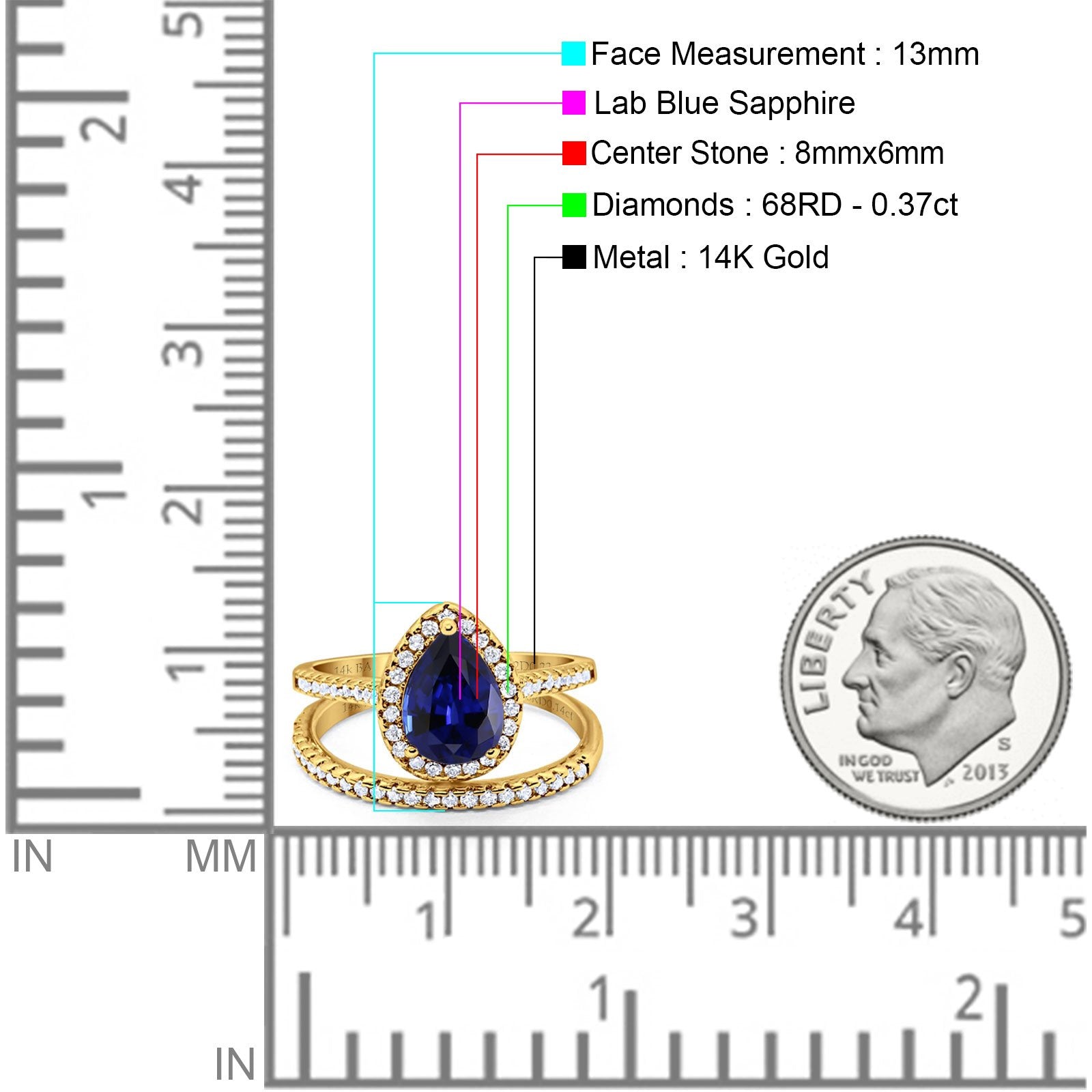 14K Yellow Gold 1.62ct Pear 8mmx6mm G SI Nano Blue Sapphire Diamond Bridal Engagement Wedding Ring Size 6.5