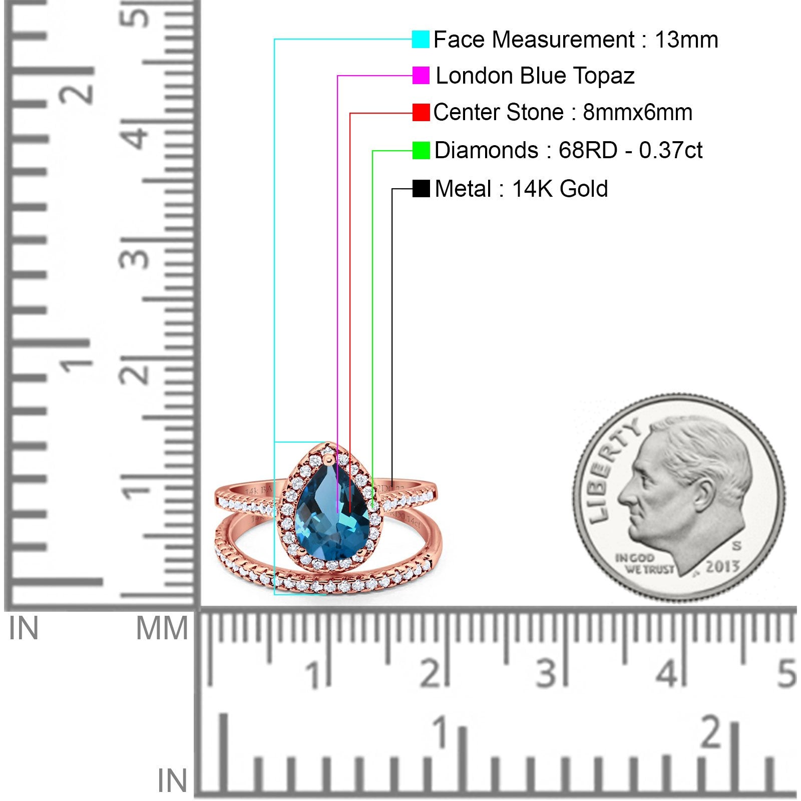 14K Rose Gold 1.62ct Pear 8mmx6mm G SI London Blue Topaz Diamond Bridal Engagement Wedding Ring Size 6.5