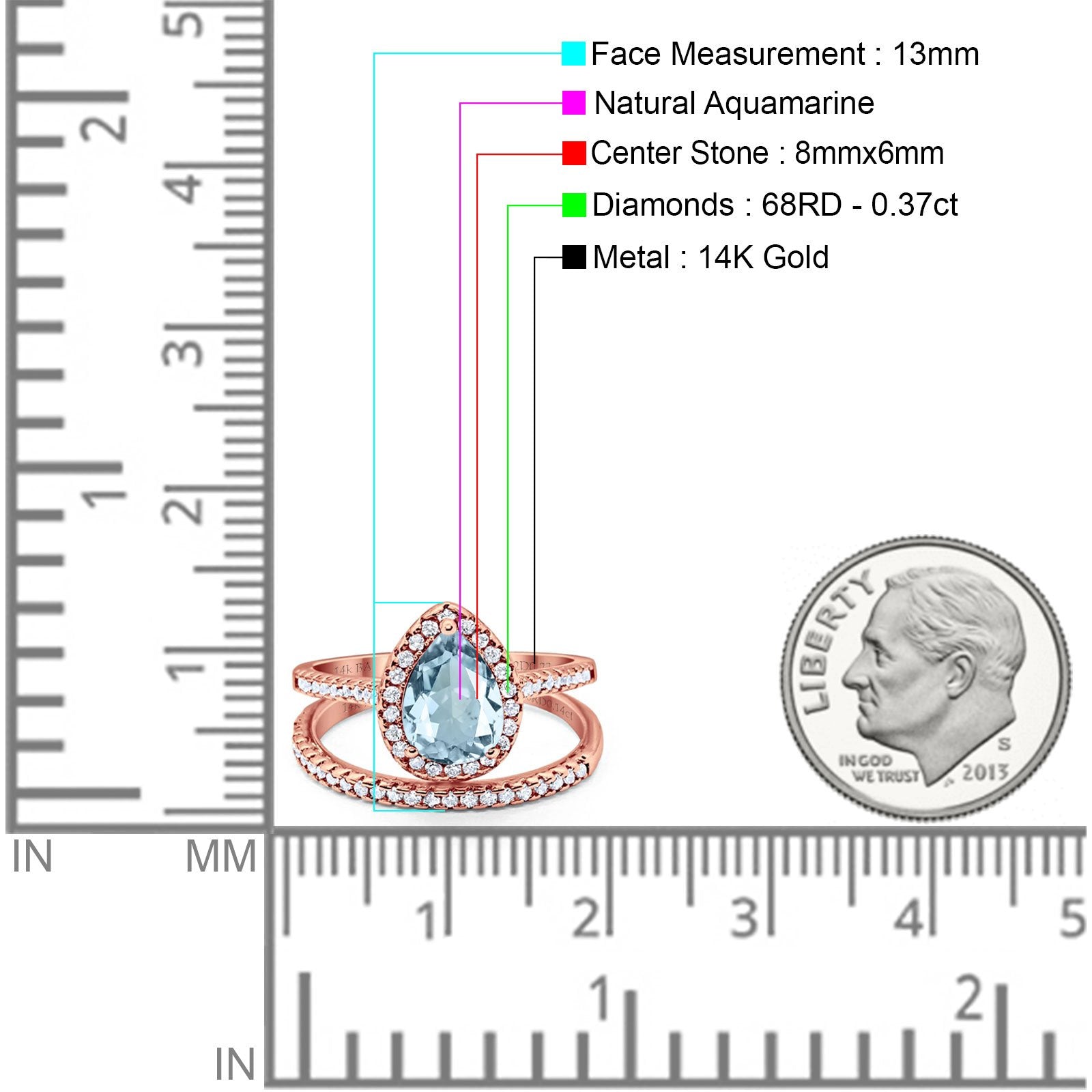 14K Rose Gold 1.62ct Pear 8mmx6mm G SI Natural Aquamarine Diamond Bridal Engagement Wedding Ring Size 6.5