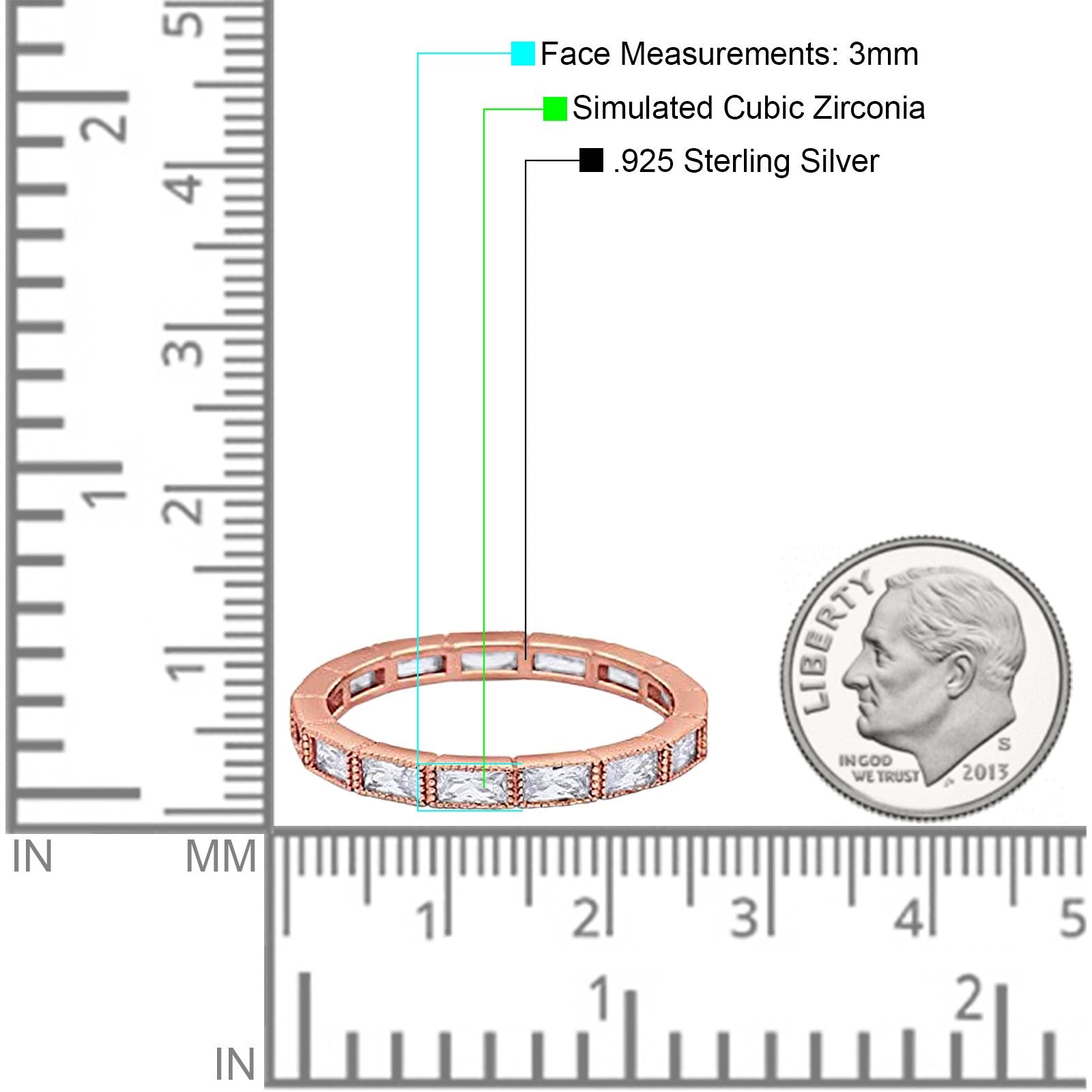 Baguette Full Eternity Wedding Ring Rose Tone, Simulated CZ 925 Sterling Silver