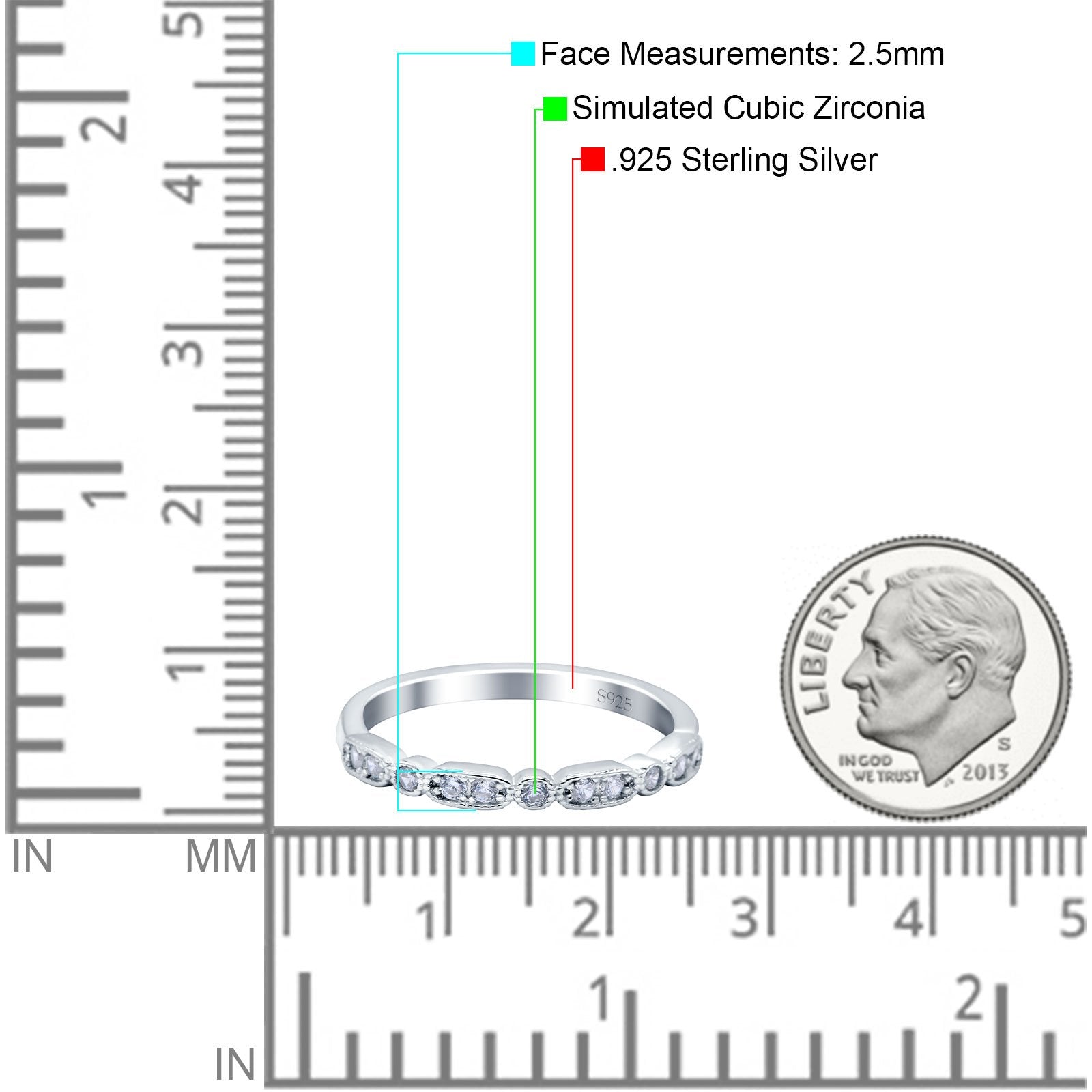 Half Eternity Ring Wedding Band Round Pave Simulated CZ 925 Sterling Silver (2.5mm)