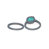 Two Piece Cushion Art Deco Wedding Ring Black Tone, Simulated Paraiba Tourmaline CZ 925 Sterling Silver