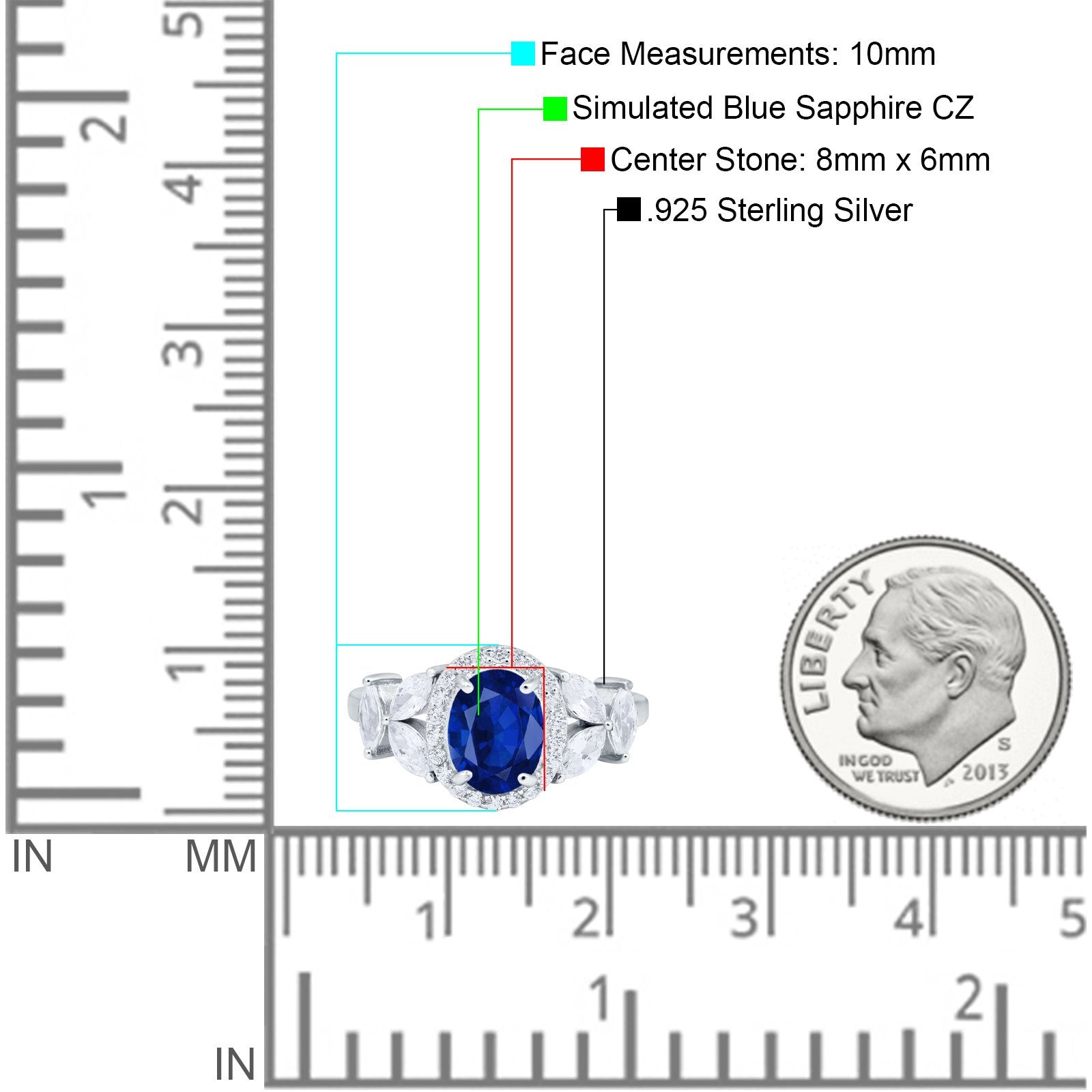 Oval Art Deco Engagement Ring Simulated Blue Sapphire CZ 925 Sterling Silver