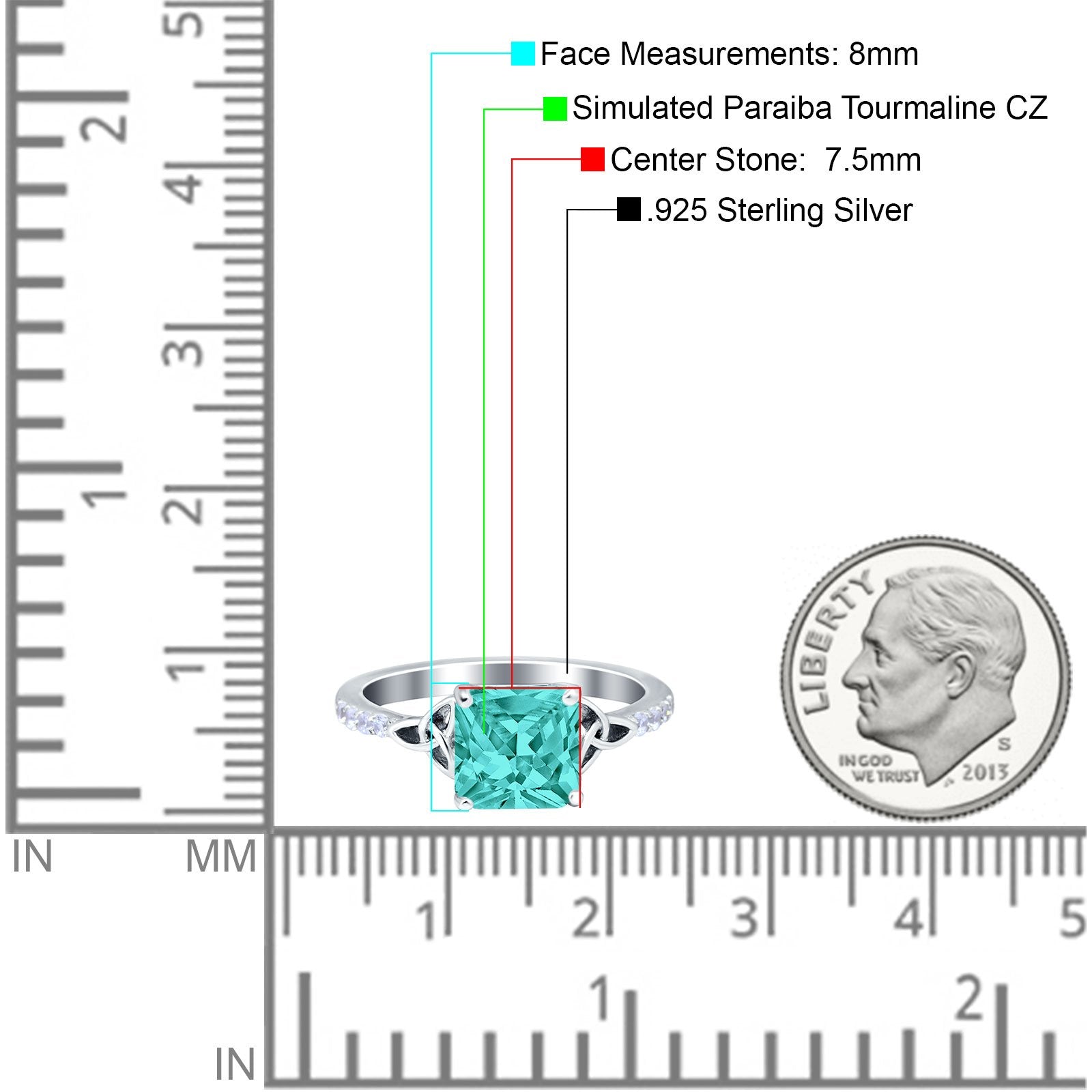 Cushion Cut Celtic Wedding Ring Simulated Paraiba Tourmaline CZ 925 Sterling Silver