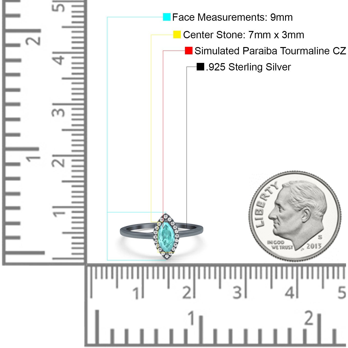 Halo Marquise Engagement Ring Black Tone, Simulated Paraiba Tourmaline CZ 925 Sterling Silver