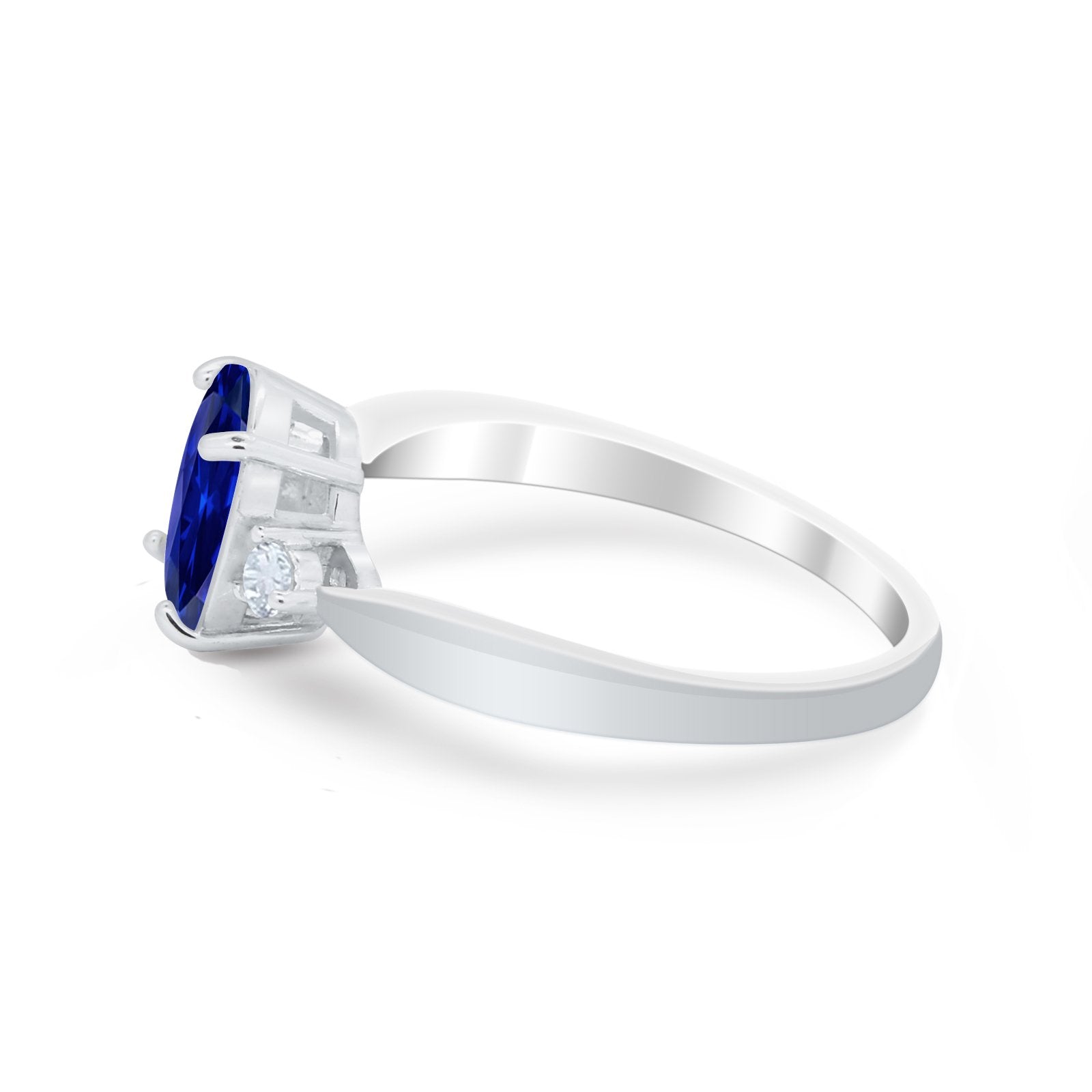 Three Stone Oval Engagement Ring Simulated Blue Sapphire CZ 925 Sterling Silver