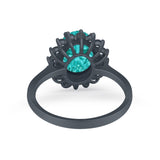 Halo Floral Oval Engagement Bridal Ring Black Tone, Simulated Paraiba Tourmaline CZ 925 Sterling Silver