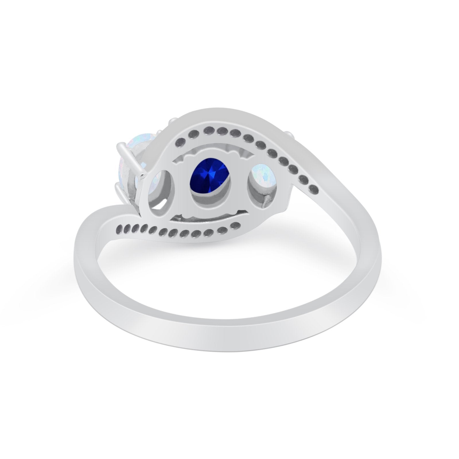 3-Stone Swirl Wedding Ring Oval Simulated Blue Sapphire CZ 925 Sterling Silver