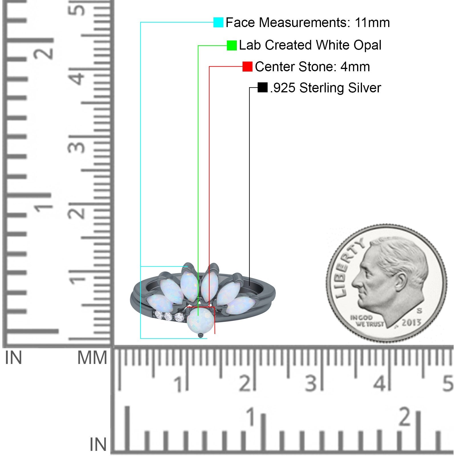 Two Piece Bridal Art Deco Wedding Ring Round Black Tone, Lab Created White Opal 925 Sterling Silver