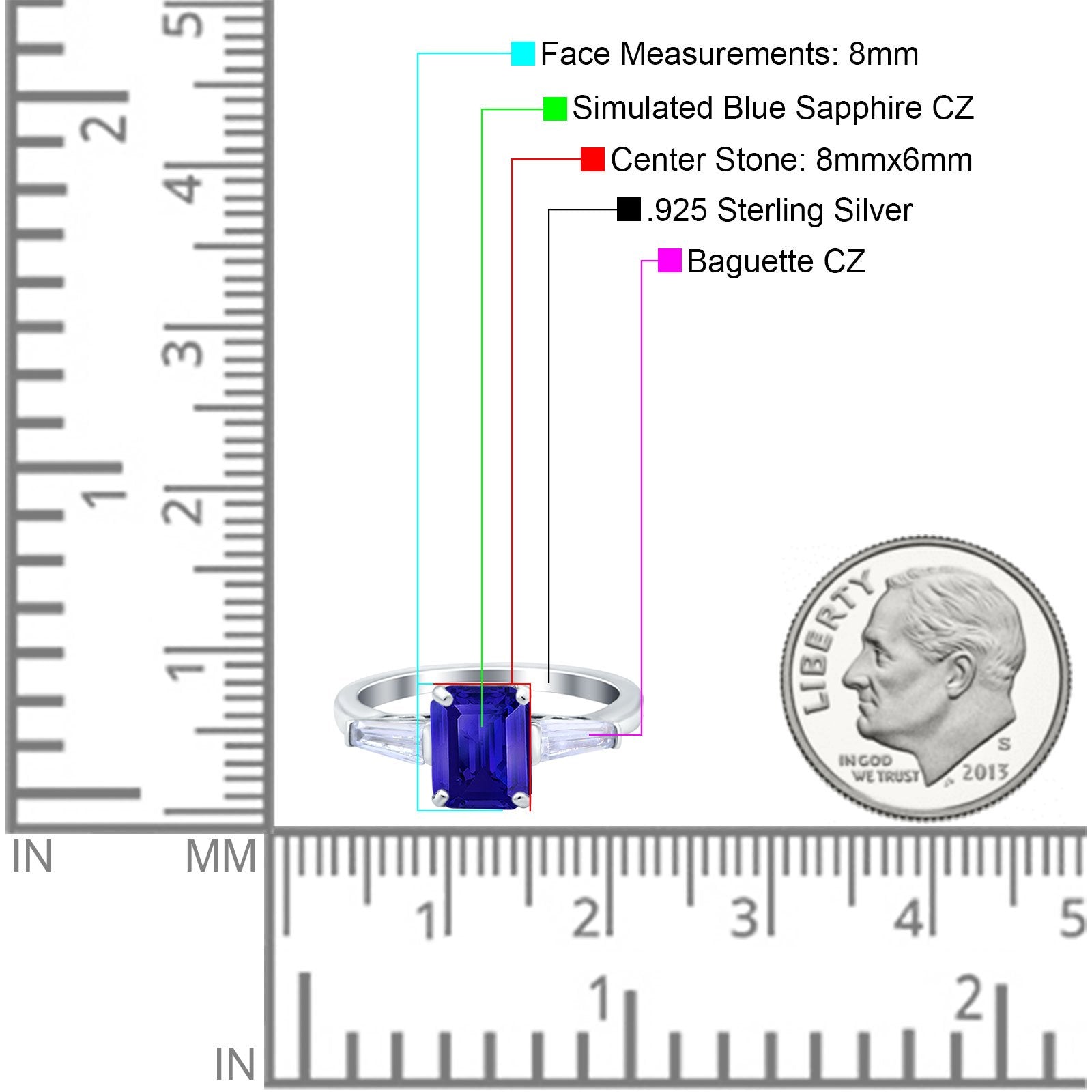 Art Deco Wedding Ring Emerald Cut Simulated Blue Sapphire CZ 925 Sterling Silver
