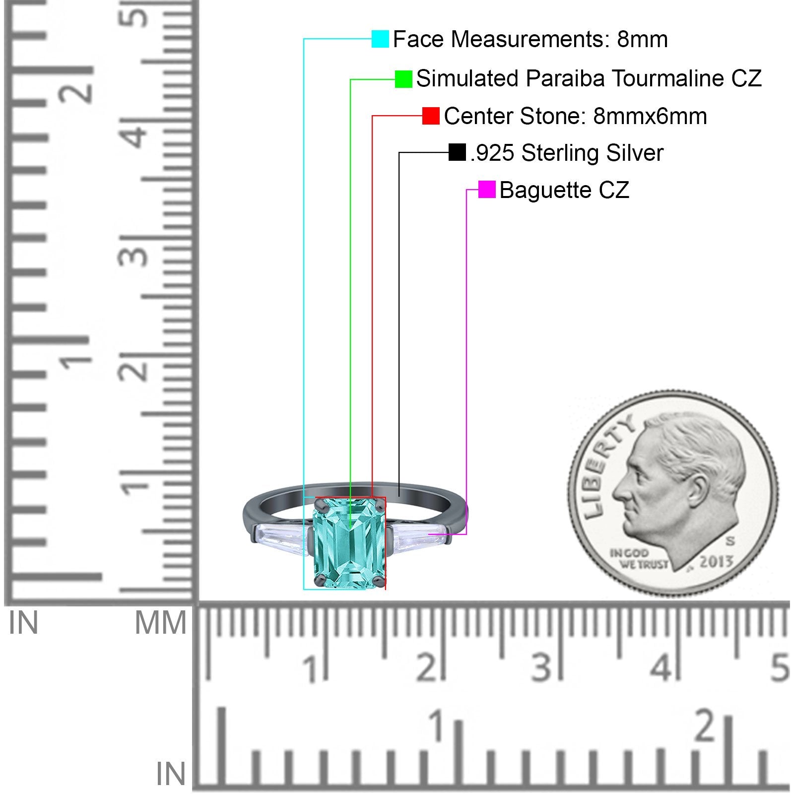 Art Deco Wedding Ring Emerald Cut Black Tone, Simulated Paraiba Tourmaline CZ 925 Sterling Silver