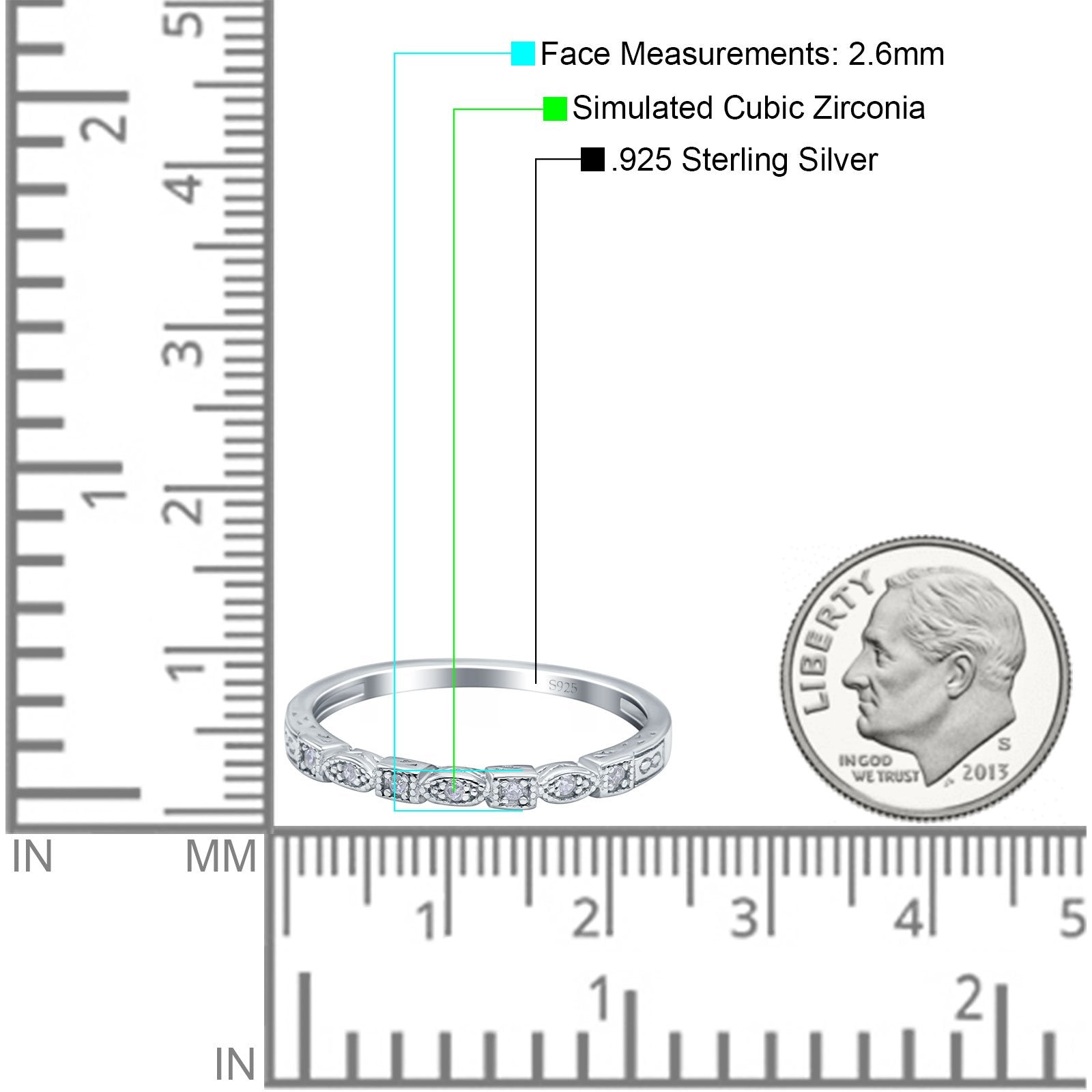 Half Eternity Ring Wedding Band Round Simulated Cubic Zirconia 925 Sterling Silver (2.6mm)