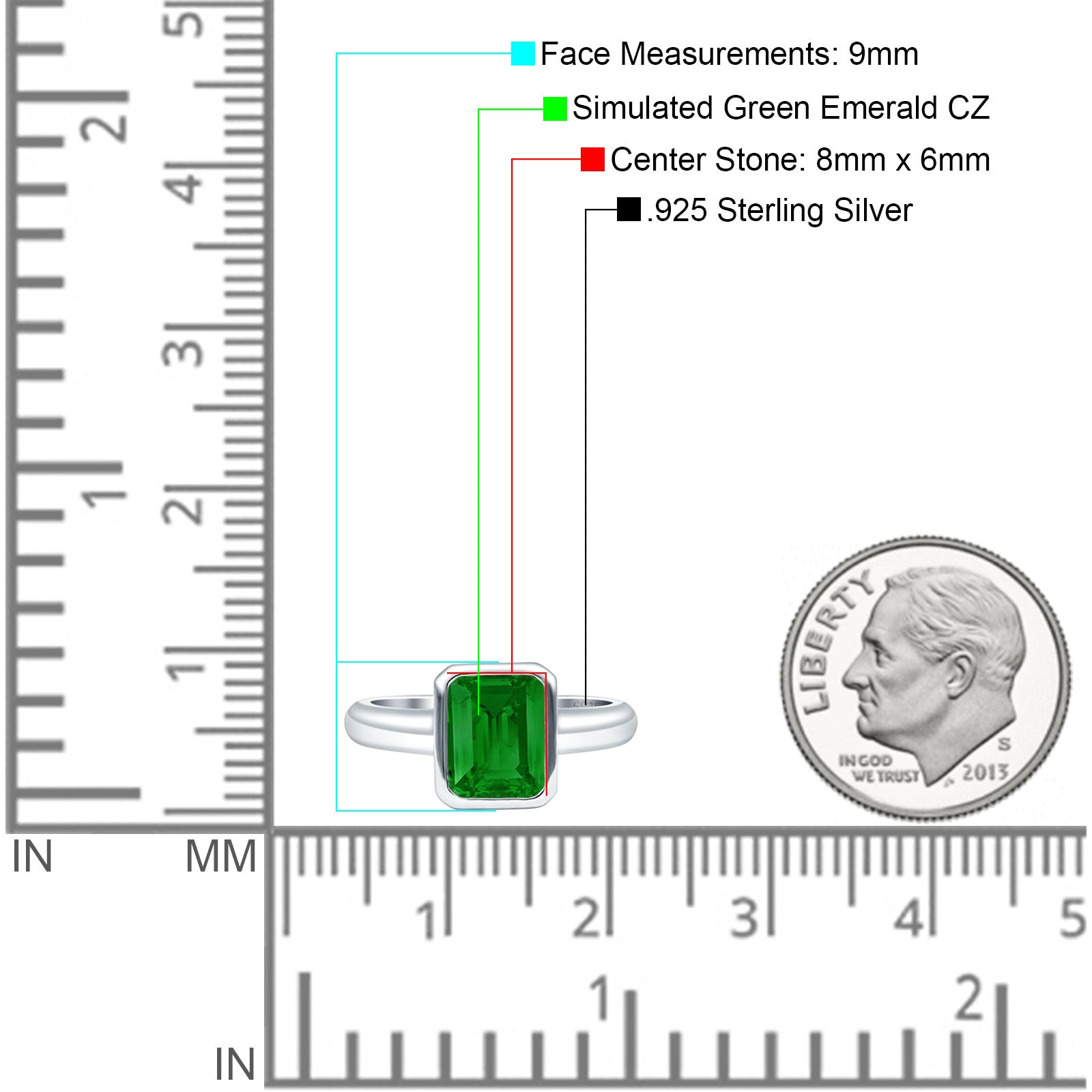 Bezel Set Emerald Engagement Ring 8mmx6mm Simulated Green Emerald CZ 925 Sterling Silver Wholesale