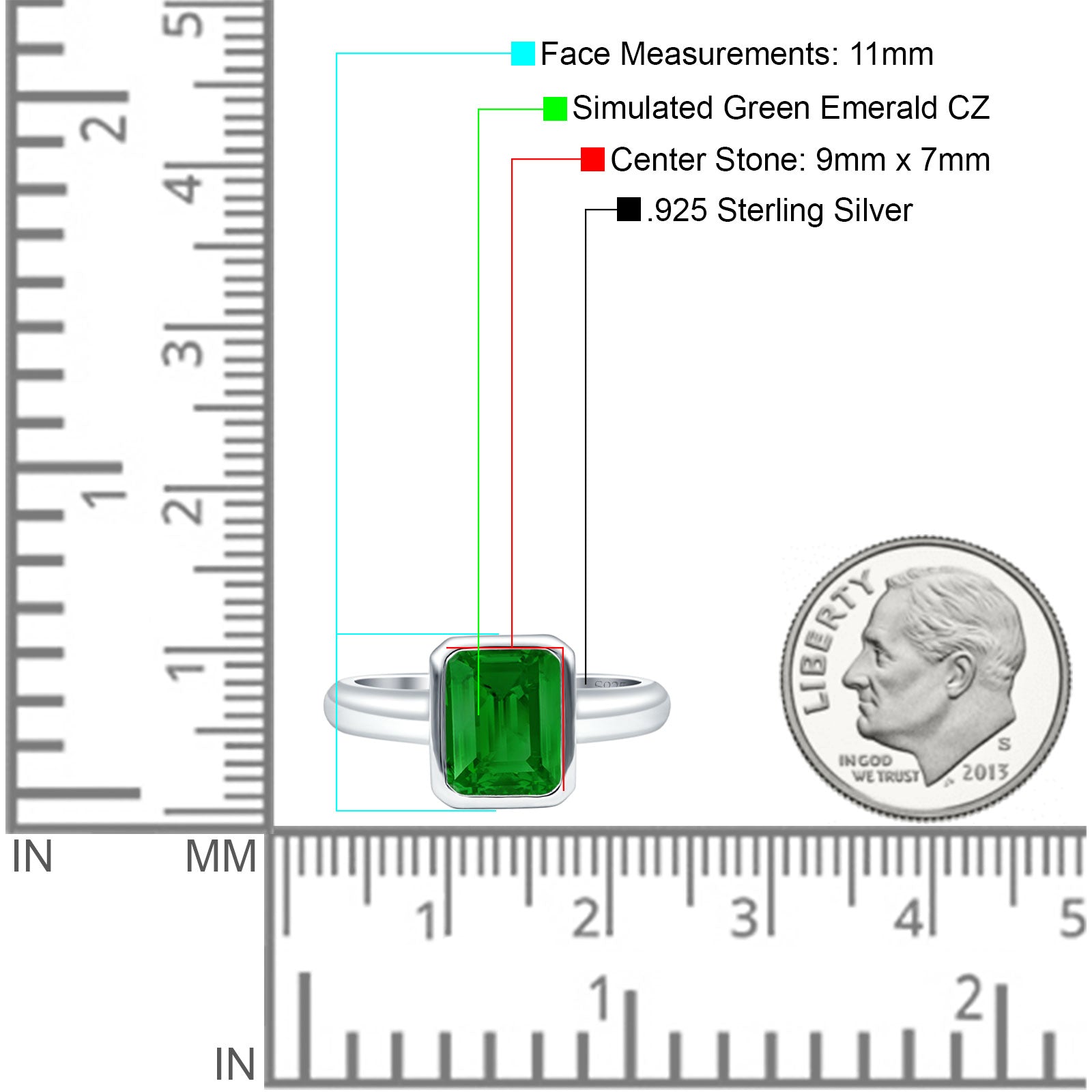 Bezel Set 9mmx7mm Emerald Engagement Ring Simulated Green Emerald CZ 925 Sterling Silver Wholesale