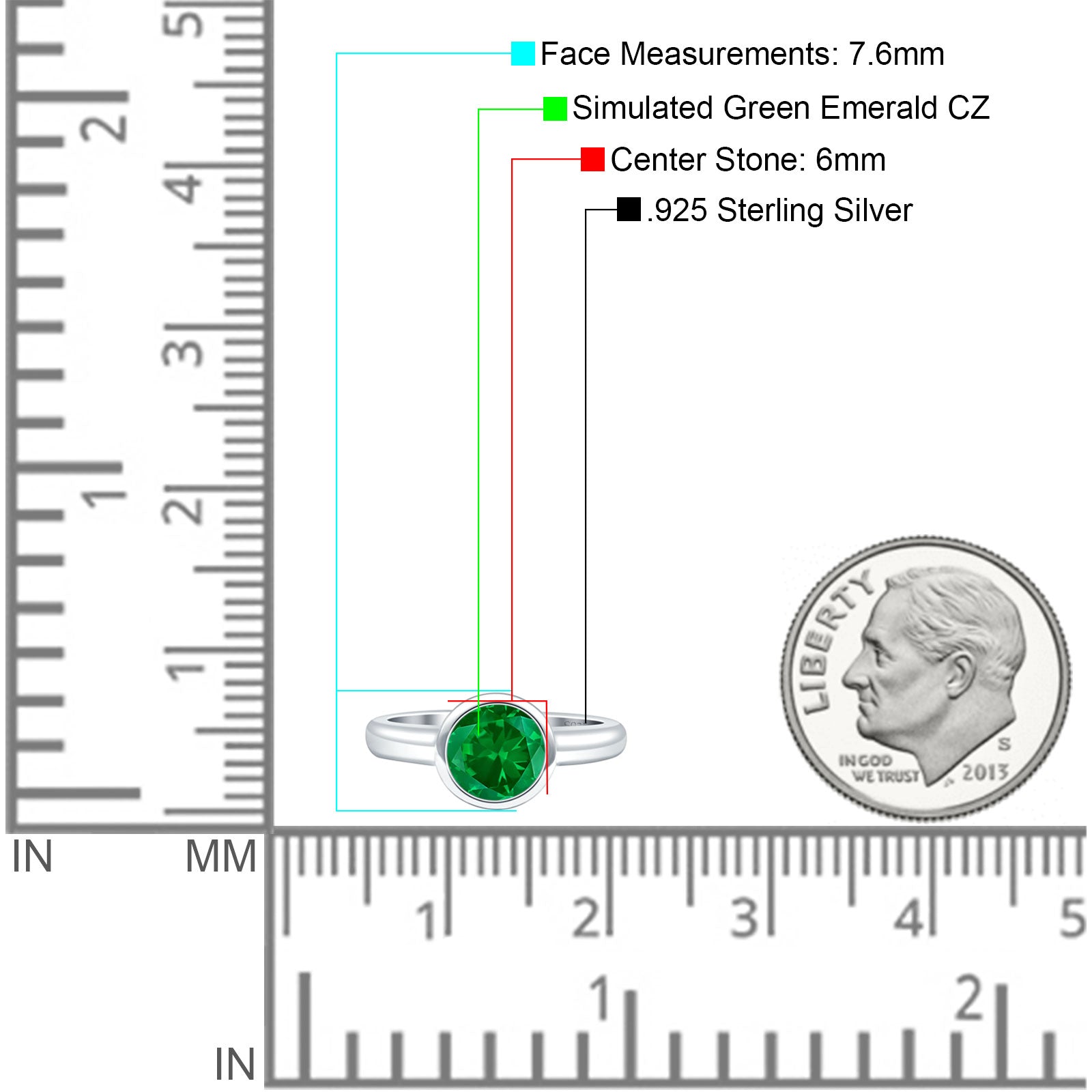 Bezel Set 6mm Round Engagement Ring Simulated Green Emerald CZ 925 Sterling Silver Wholesale