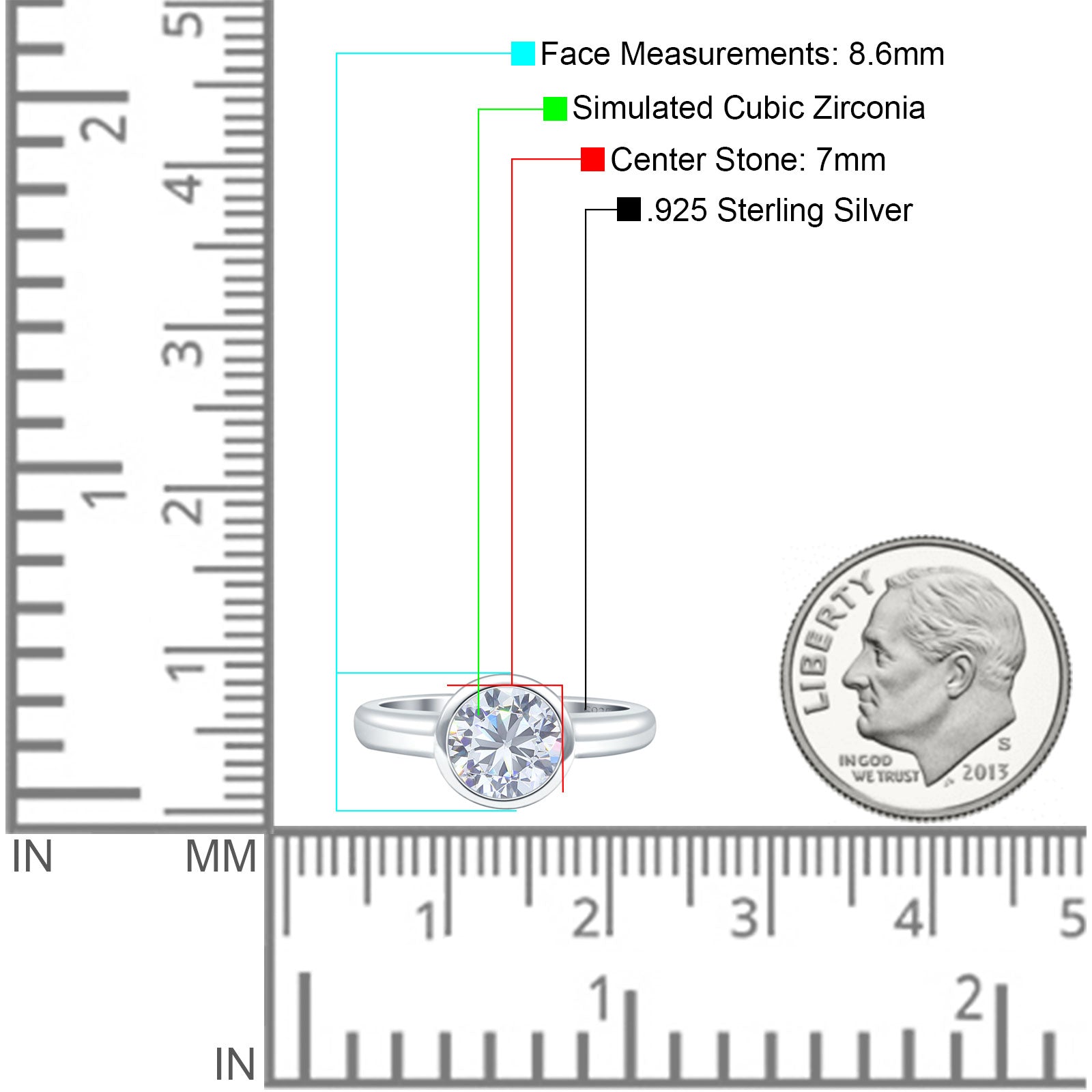Bezel Set 7mm Round Engagement Ring Cubic Zirconia 925 Sterling Silver Wholesale