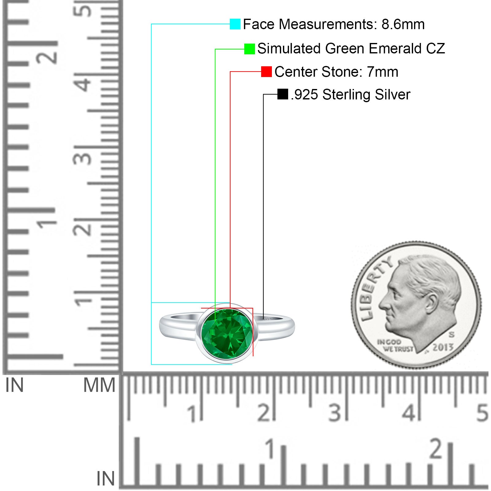 Bezel Set 7mm Round Engagement Ring Simulated Green Emerald CZ 925 Sterling Silver Wholesale
