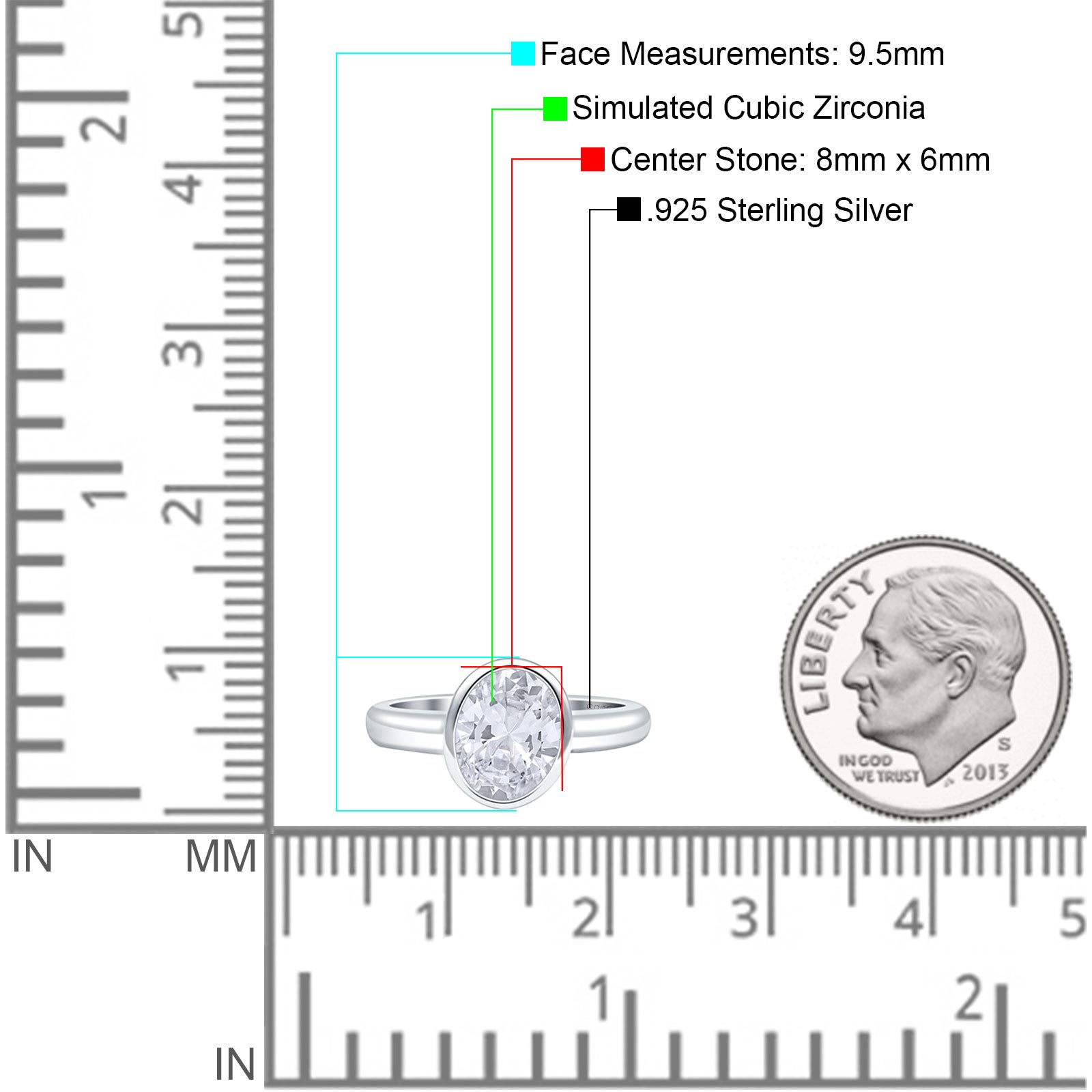 Bezel Set 8mmX6mm Oval Engagement Ring Cubic Zirconia 925 Sterling Silver Wholesale