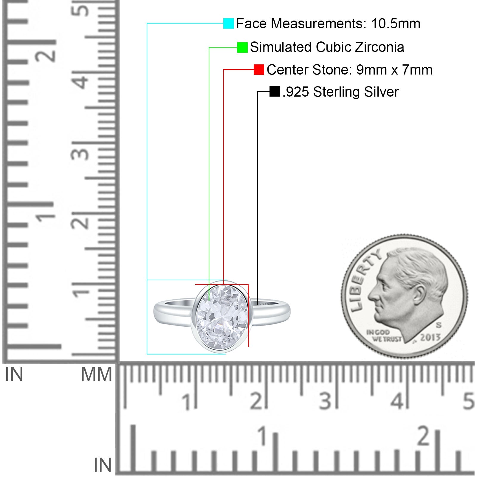 Bezel Set 9mmX7mm Oval Engagement Ring Cubic Zirconia 925 Sterling Silver Wholesale