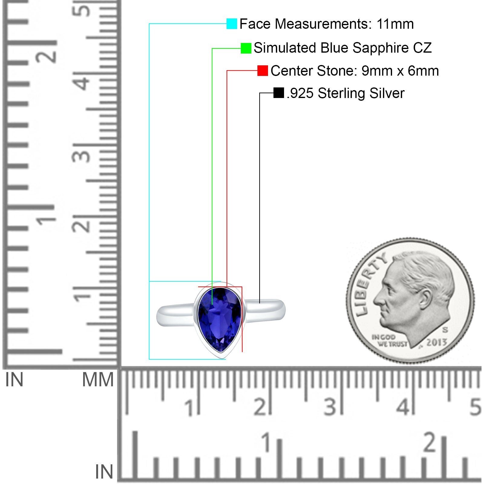 Bezel Set 9mmX6mm Pear Engagement Ring Simulated Blue Sapphire CZ 925 Sterling Silver Wholesale