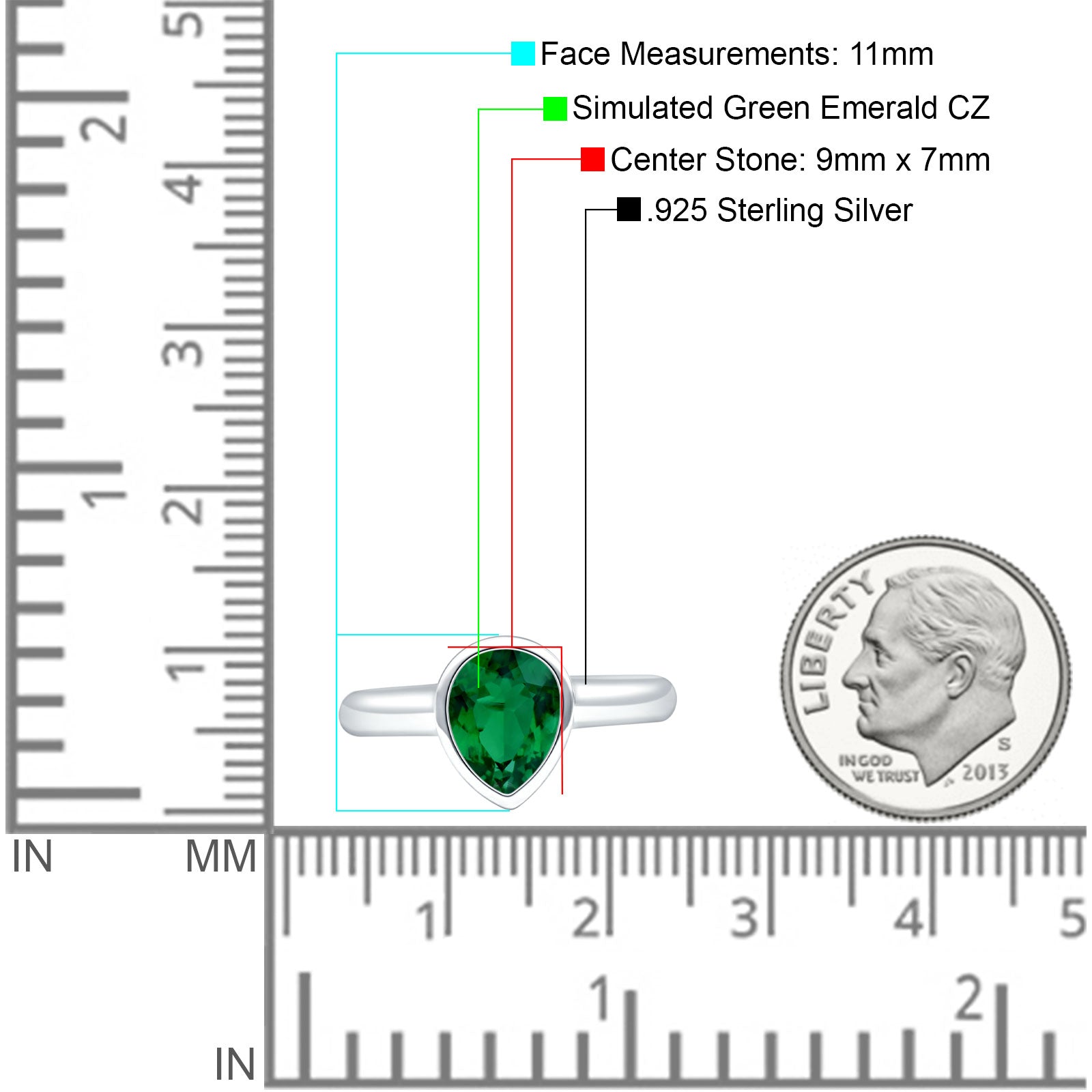 Bezel Set 9mmX7mm Pear Engagement Ring Simulated Green Emerald CZ 925 Sterling Silver Wholesale