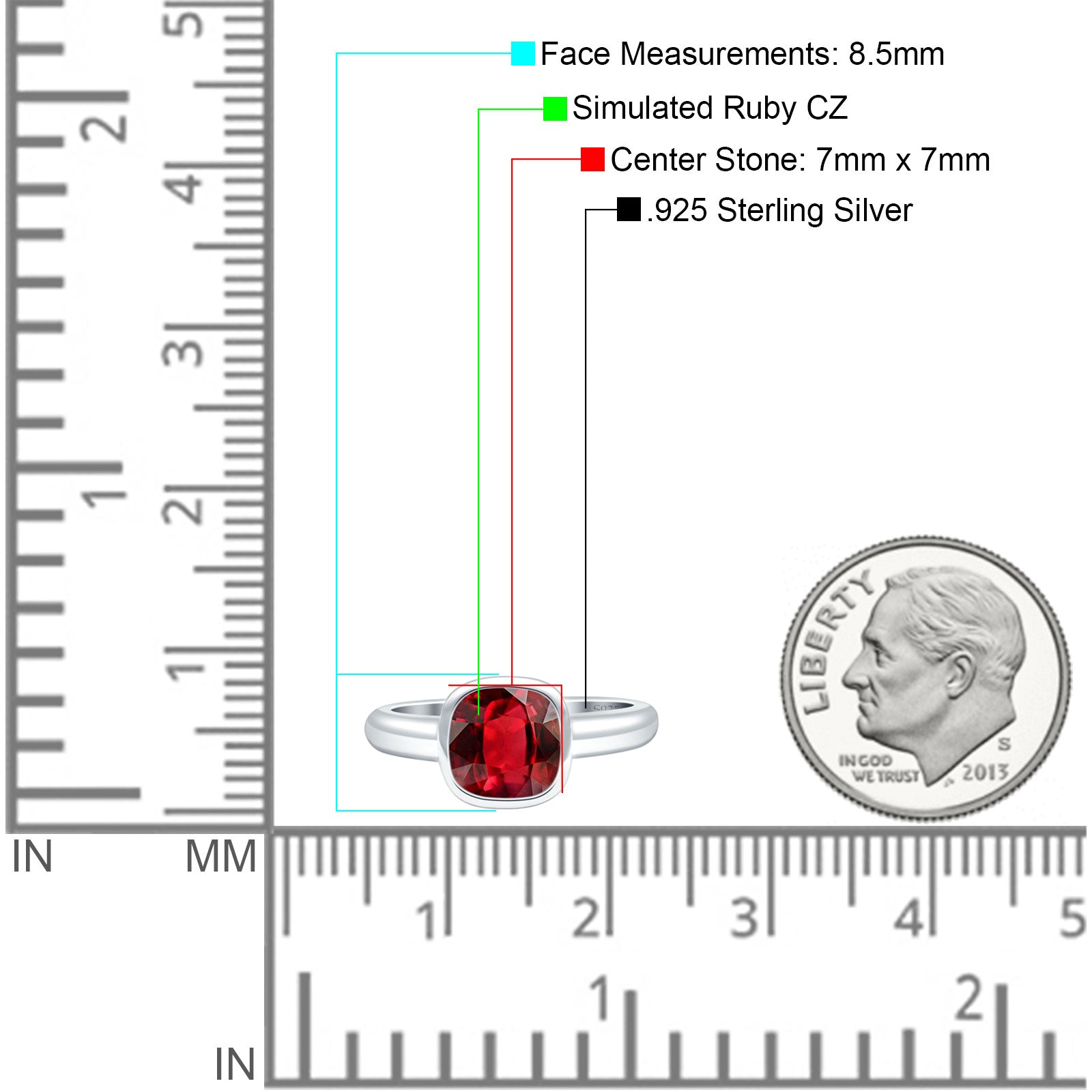 Bezel Set 7mmX7mm Cushion Engagement Ring Simulated Ruby 925 Sterling Silver Wholesale