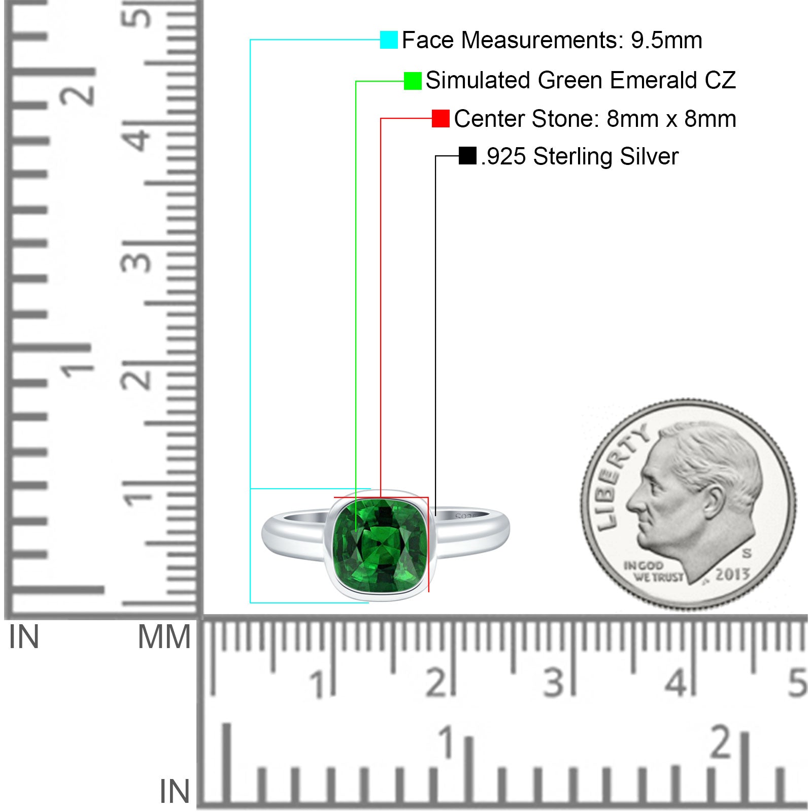 Bezel Set 8mmX8mm Cushion Engagement Ring Simulated Green Emerald 925 Sterling Silver Wholesale