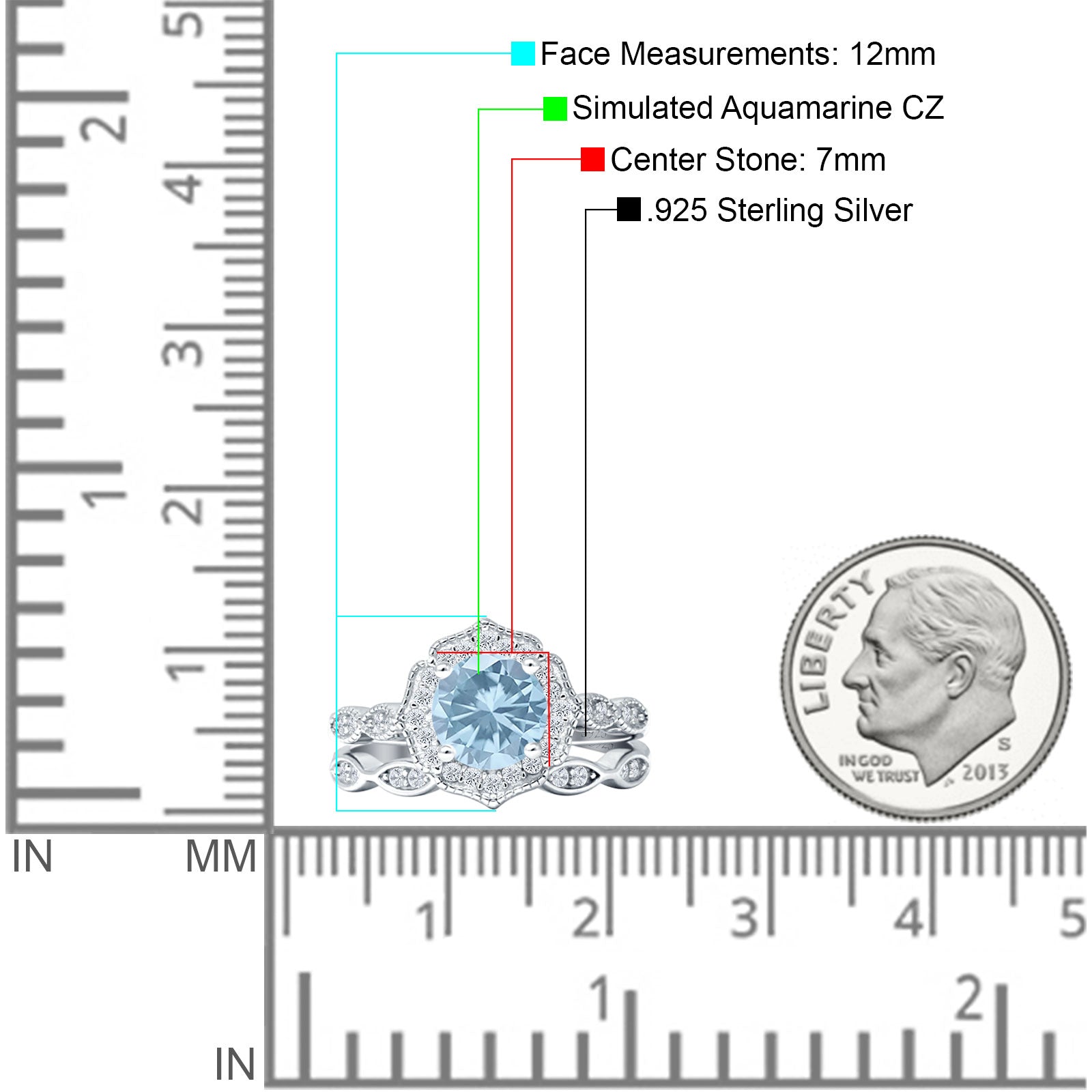 Two Piece Round Halo Floral Ring Aquamarine CZ 925 Sterling Silver Wholesale