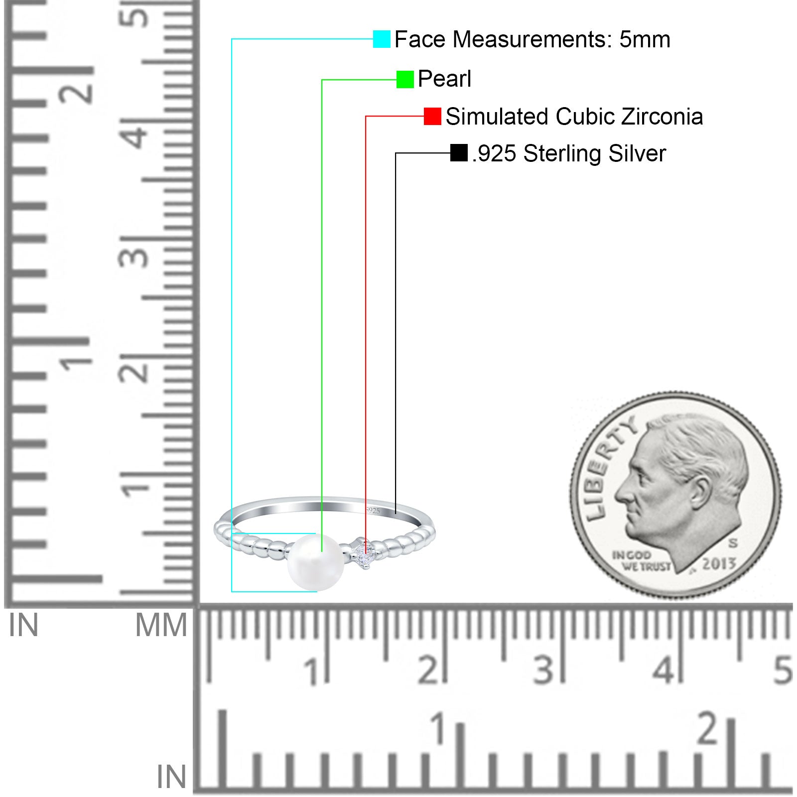 Engagement Ring Round Simulated Pearl Cubic Zirconia 925 Sterling Silver (5mm)