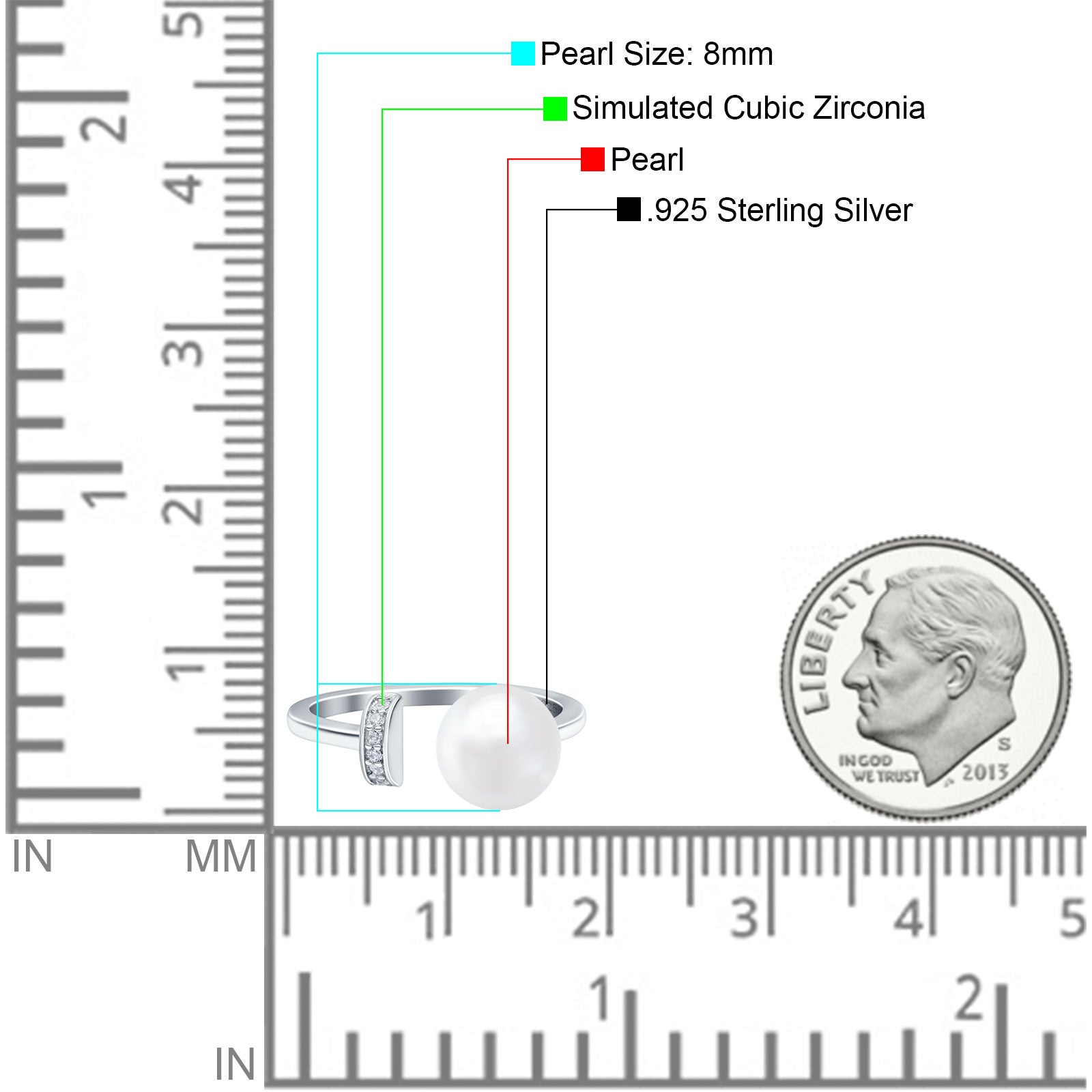 Round Pearl Simulated Cubic Zirconia 925 Sterling Silver