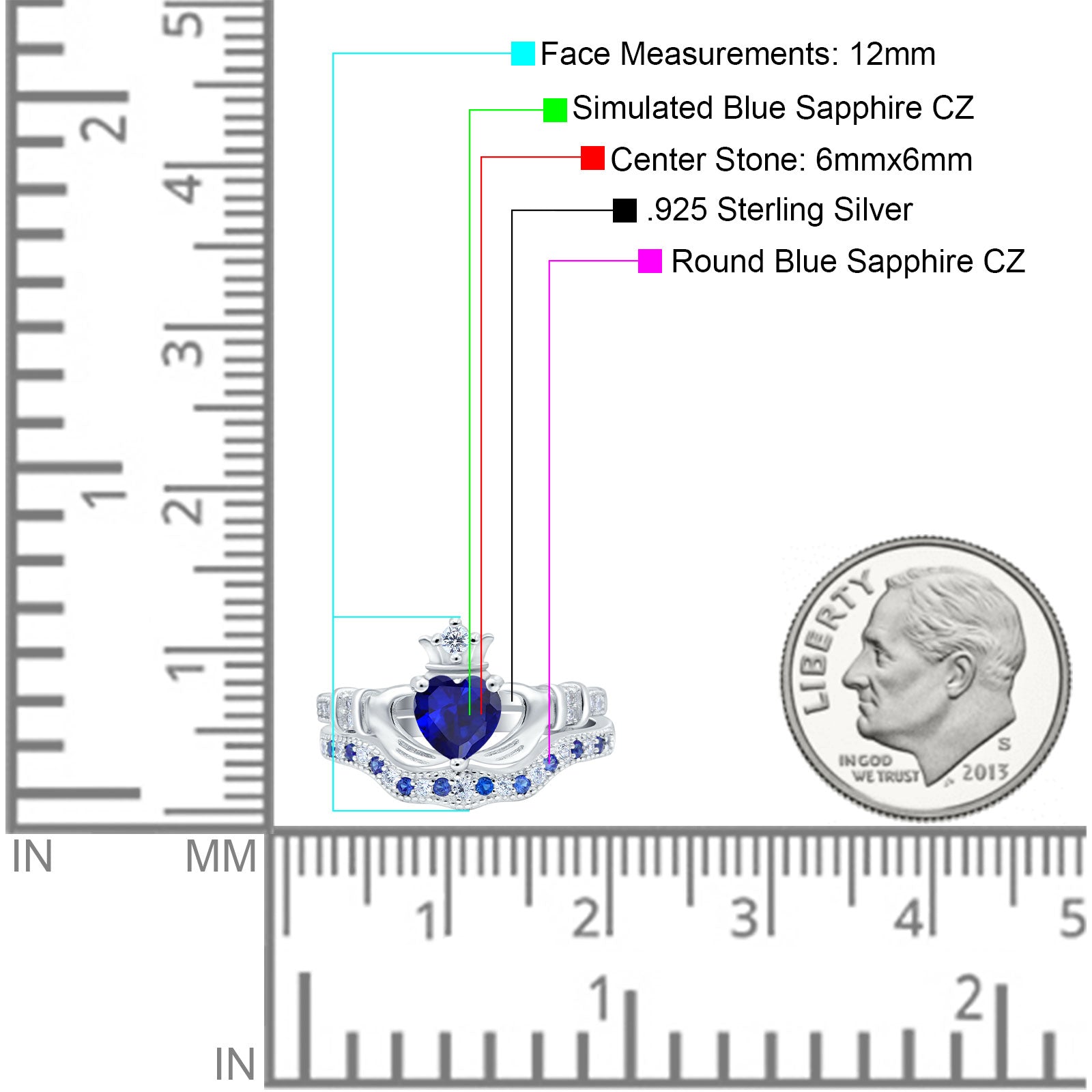 Claddagh Accent Heart Wedding Bridal Set Piece Ring Band Simulated Blue Sapphire CZ 925 Sterling Silver