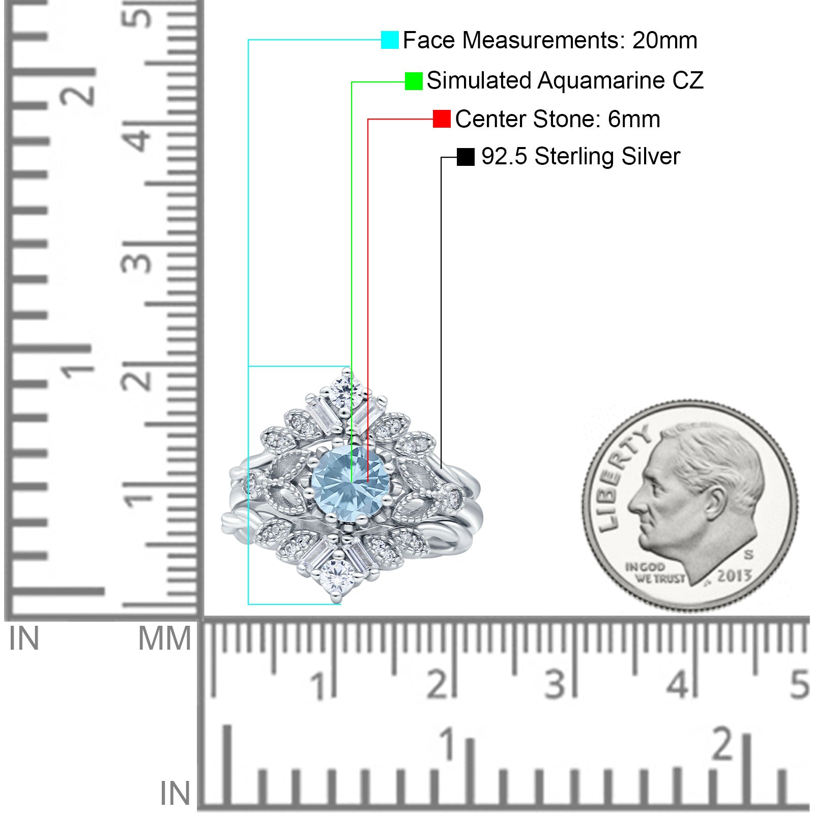 Art Deco Three Piece Wedding Bridal Set Ring Round Simulated Aquamarine CZ 925 Sterling Silver