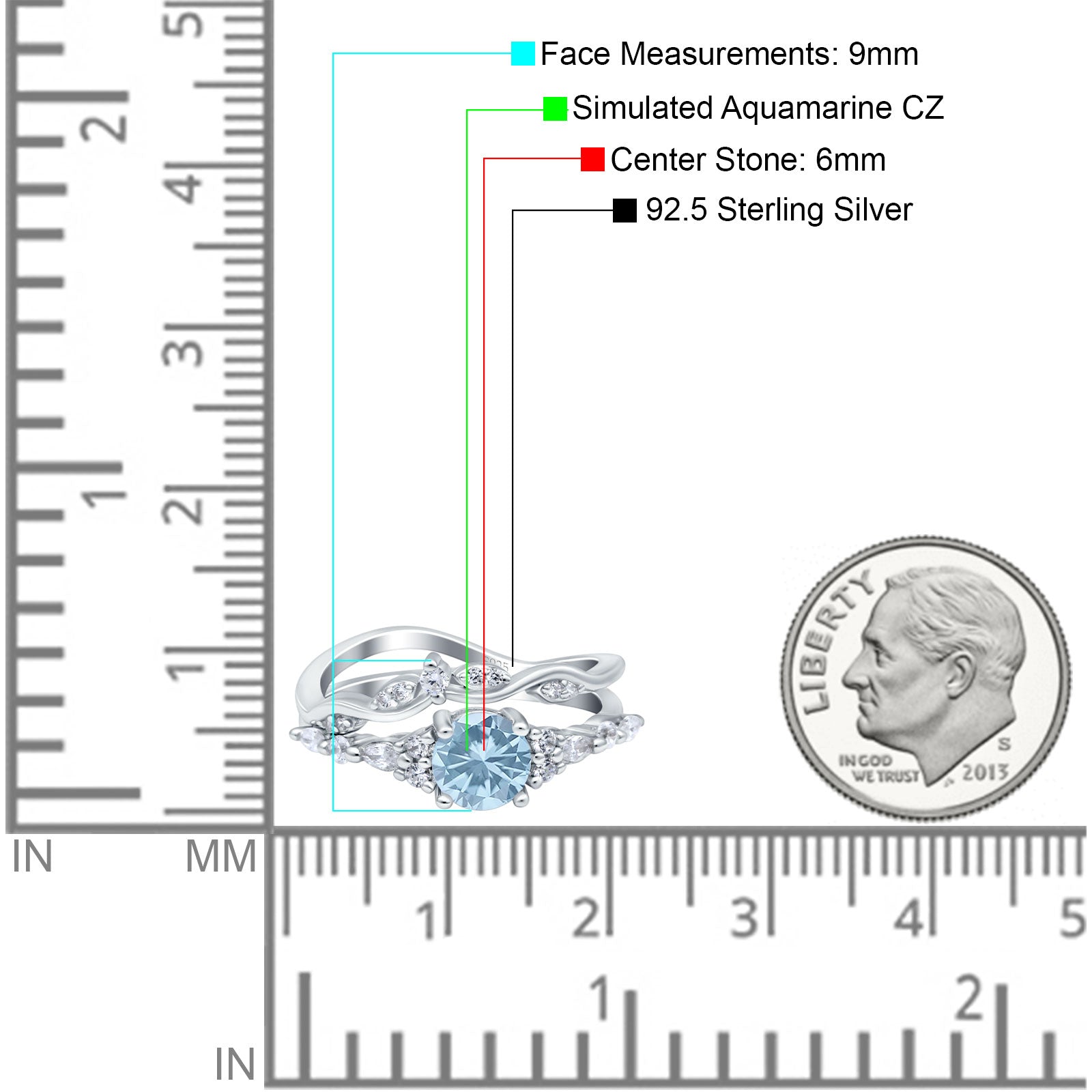 Two Piece Vintage Style Art Deco Engagement Bridal Set Ring Round Simulated Aquamarine CZ 925 Sterling Silver