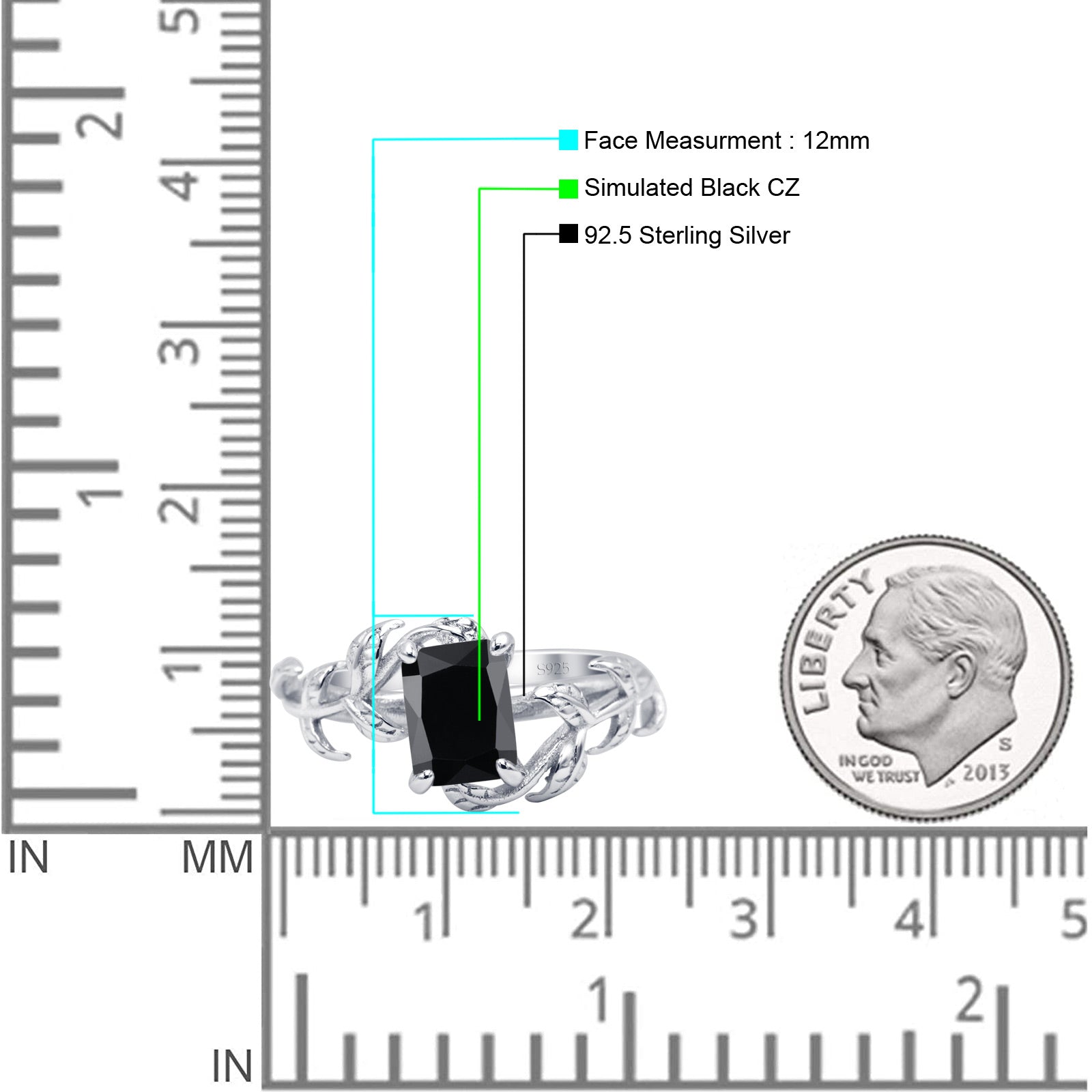 Art Deco Engagement Ring Natural Leaf Design Emerald Cut Simulated Black 925 Sterling Silver Wholesale