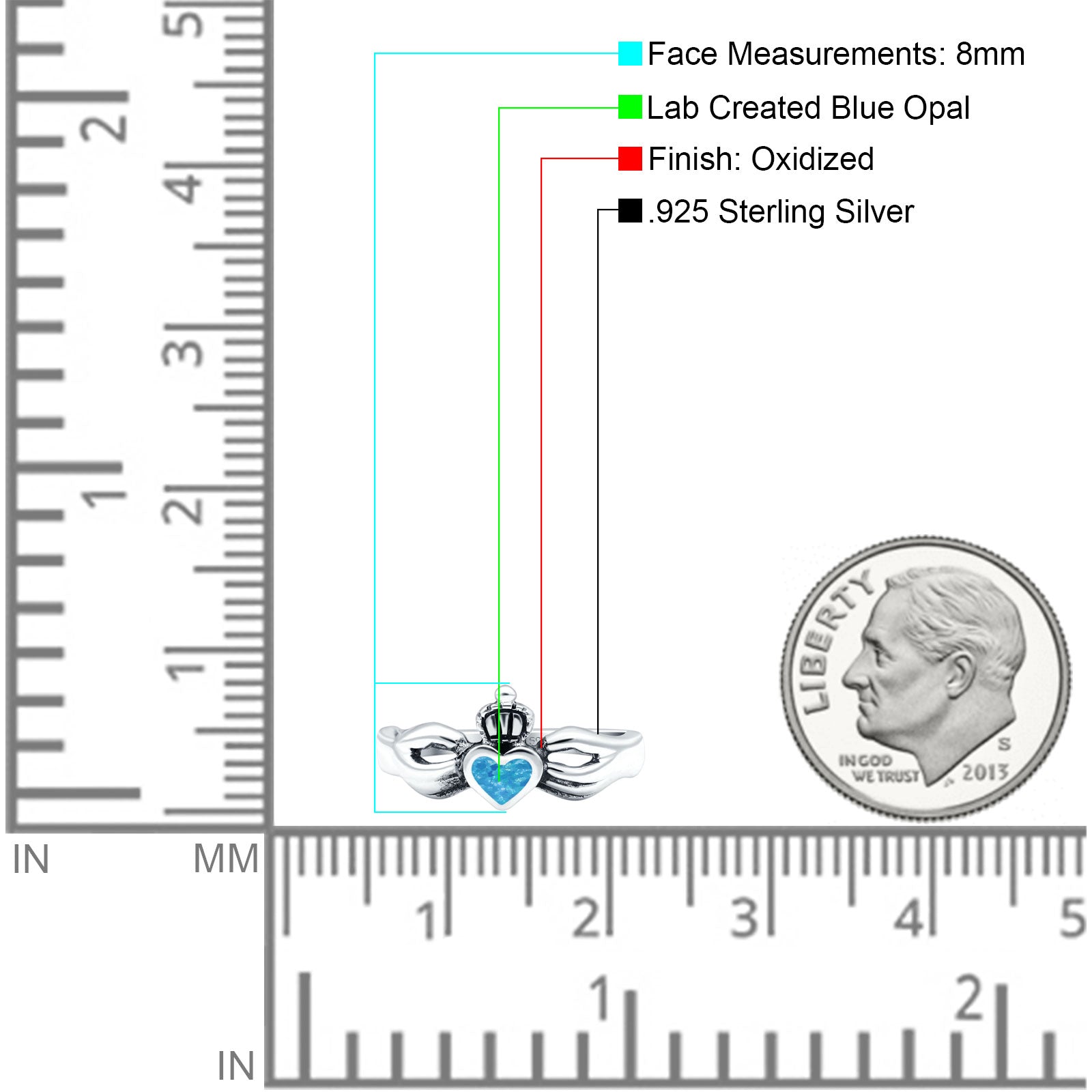 Petite Dainty Heart Lab Created Blue Opal Ring Solid Oxidized 925 Sterling Silver