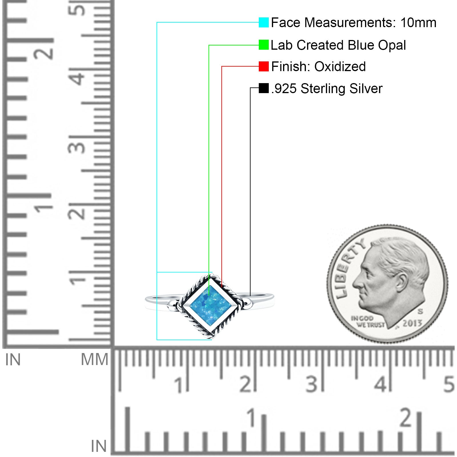 Square Vintage Style Petite Dainty Lab Created Blue Opal Ring Solid Oxidized 925 Sterling Silver