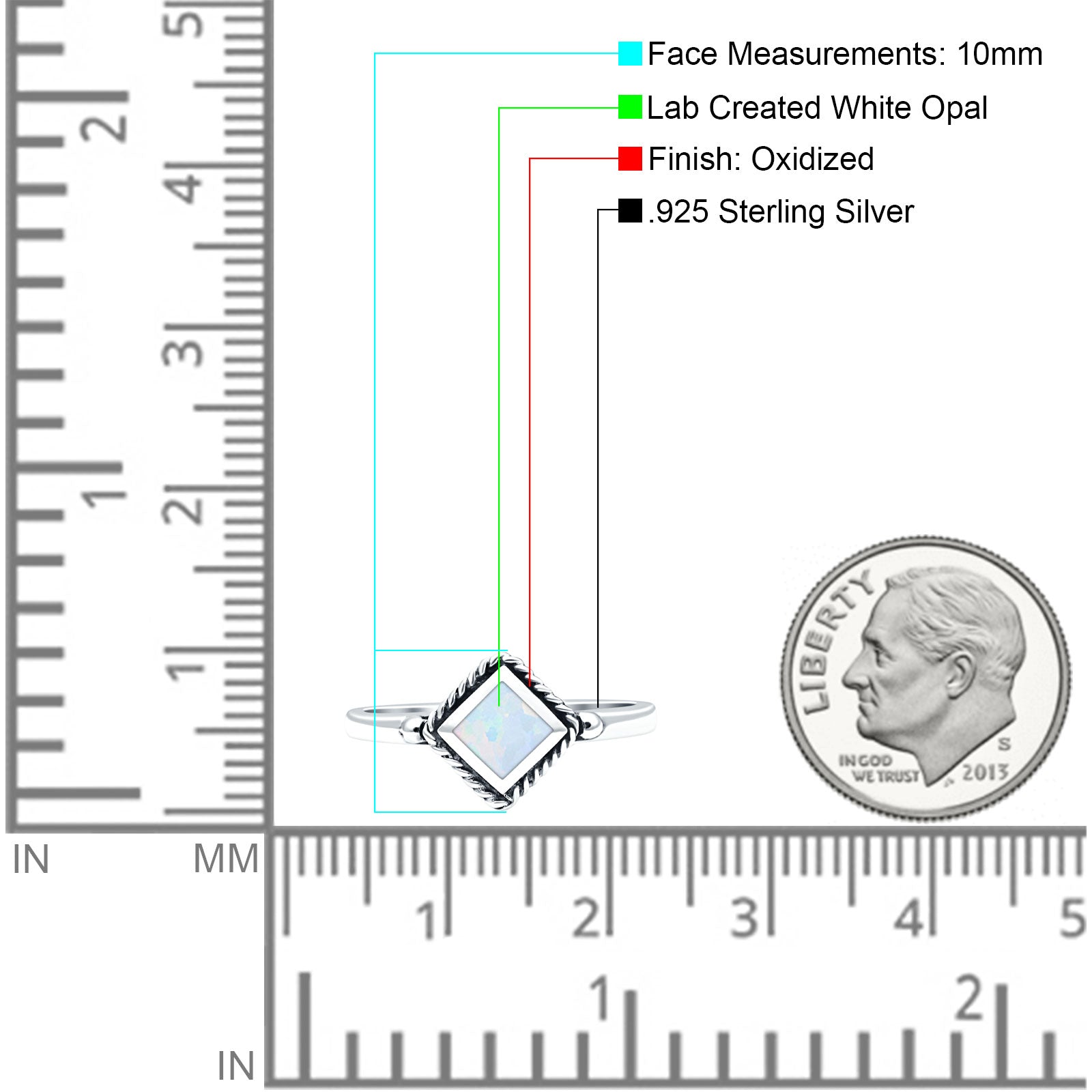 Square Vintage Style Petite Dainty Lab Created White Opal Ring Solid Oxidized 925 Sterling Silver