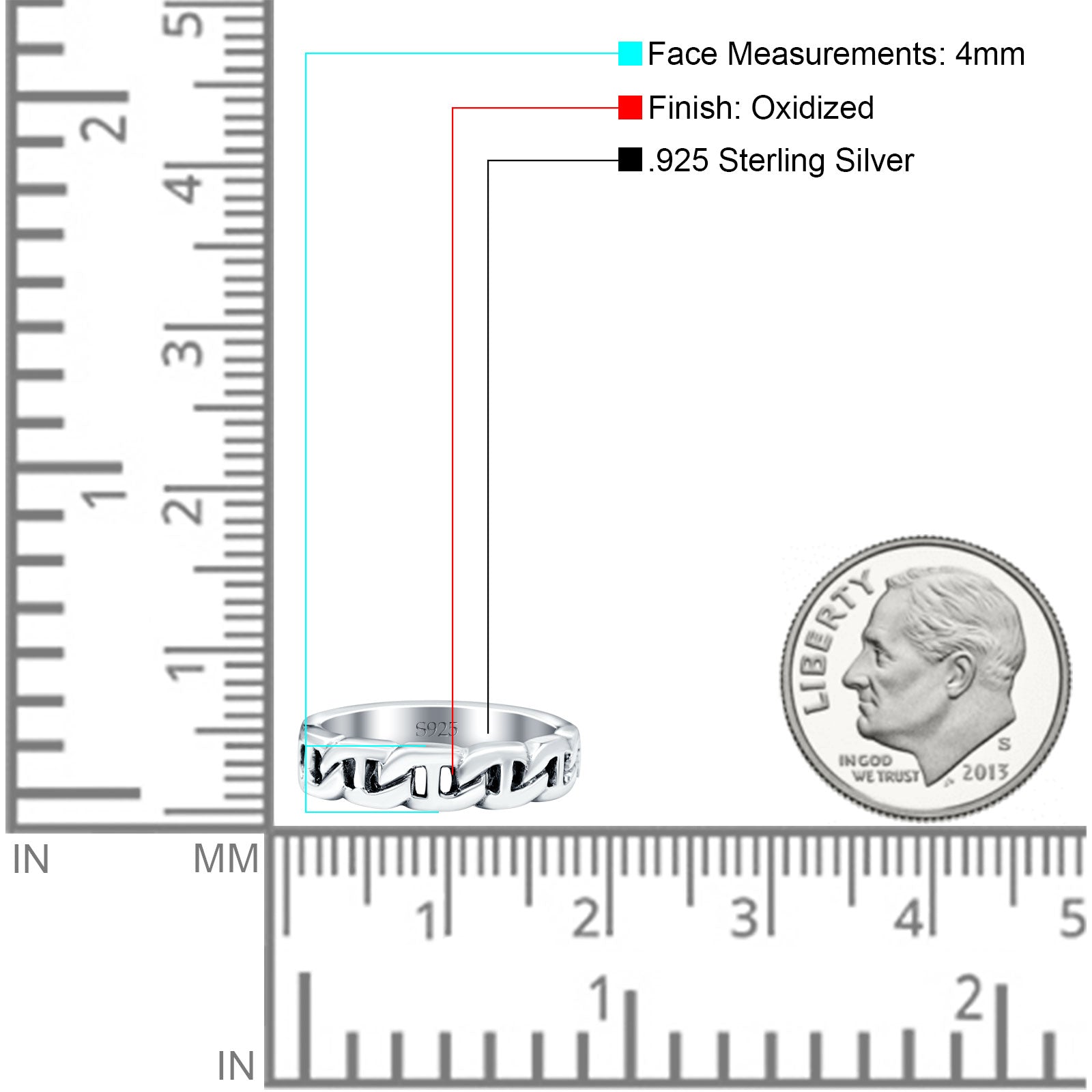 Chain Link Ring Oxidized Band Solid 925 Sterling Silver Thumb Ring (4mm)